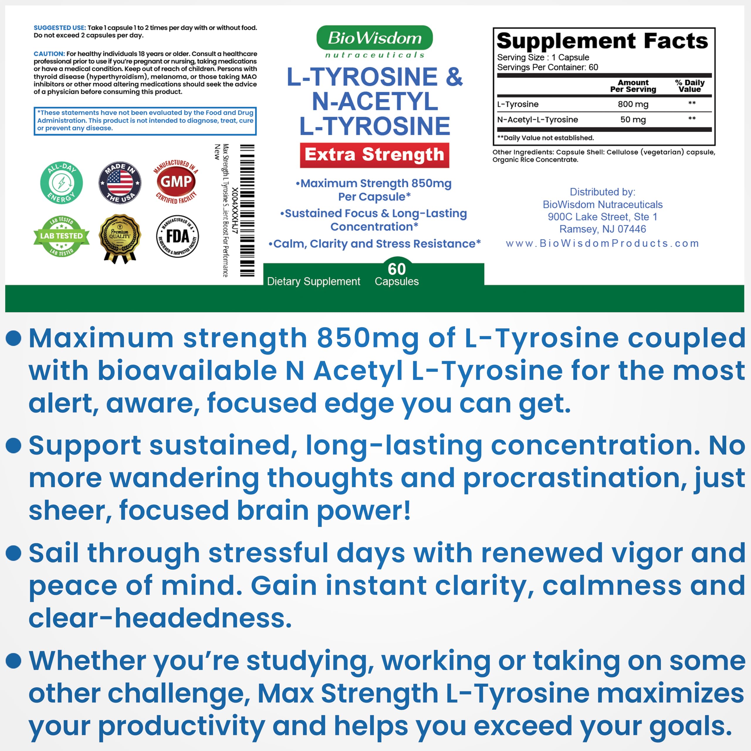 Max Strength L Tyrosine Supplement & N Acetyl L Tyrosine Peak Focus, Alertness, Concentration, Body & Mind Energy. L-Tyrosine 850mg Per 1 Capsule. A Well-Being Nutrient Boost For Performance BioWisdom NutraceuticalsAu supplements