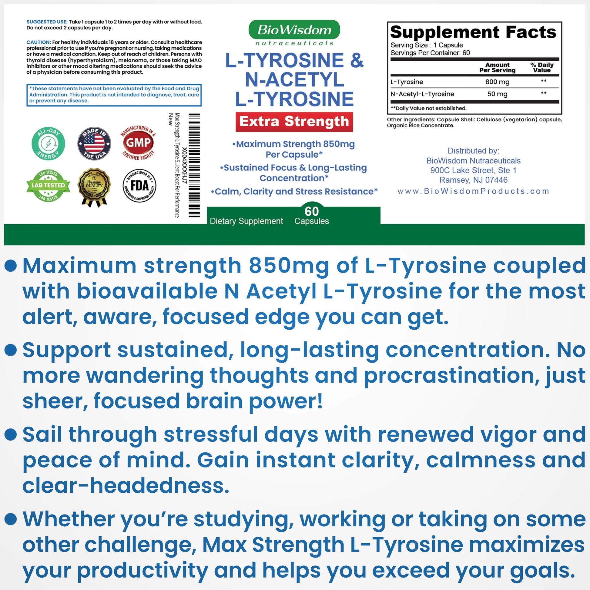 Max Strength L Tyrosine Supplement & N Acetyl L Tyrosine Peak Focus, Alertness, Concentration, Body & Mind Energy. L-Tyrosine 850mg Per 1 Capsule. A Well-Being Nutrient Boost For Performance BioWisdom NutraceuticalsAu supplements