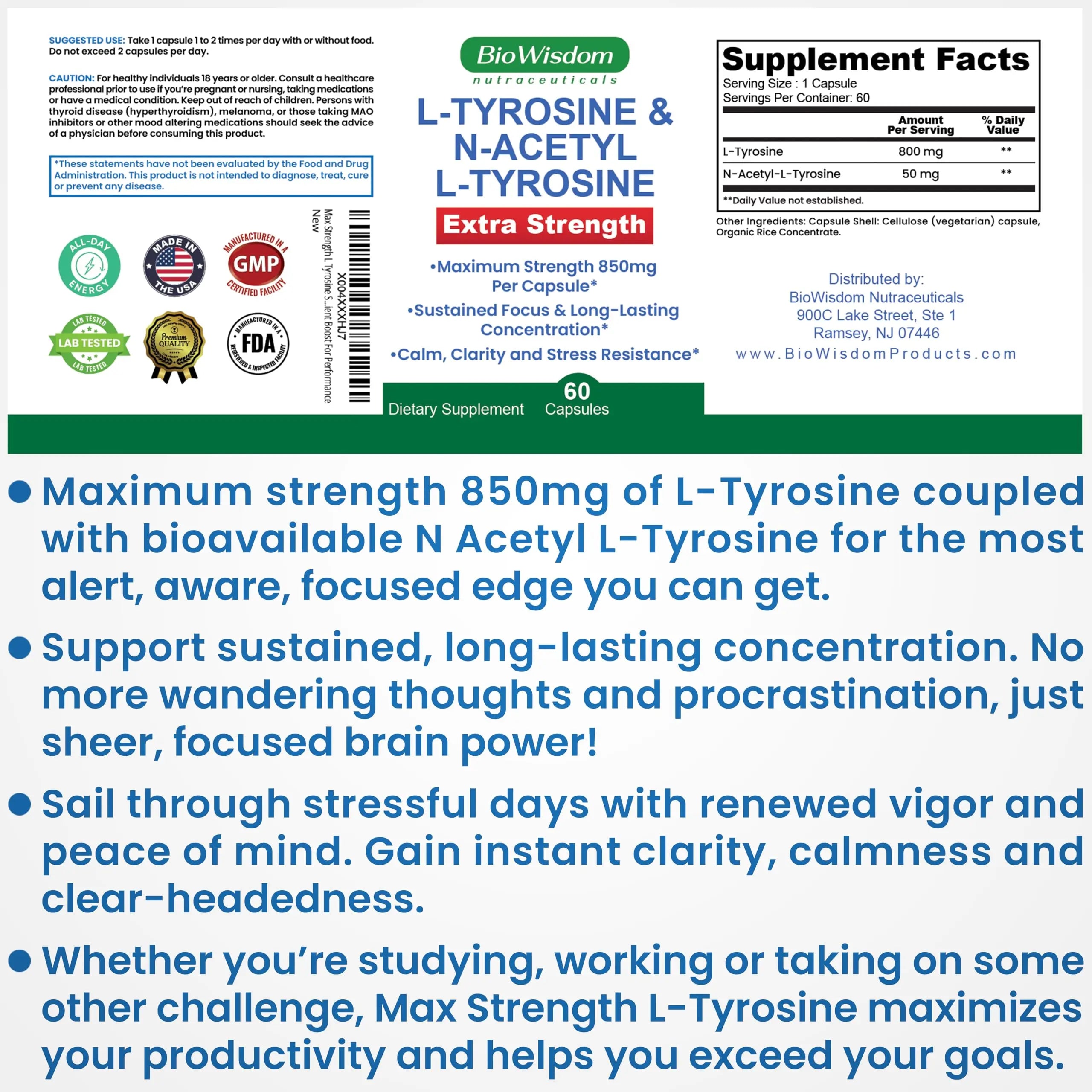 Max Strength L Tyrosine Supplement & N Acetyl L Tyrosine Peak Focus, Alertness, Concentration, Body & Mind Energy. L-Tyrosine 850mg Per 1 Capsule. A Well-Being Nutrient Boost For Performance BioWisdom NutraceuticalsAu supplements