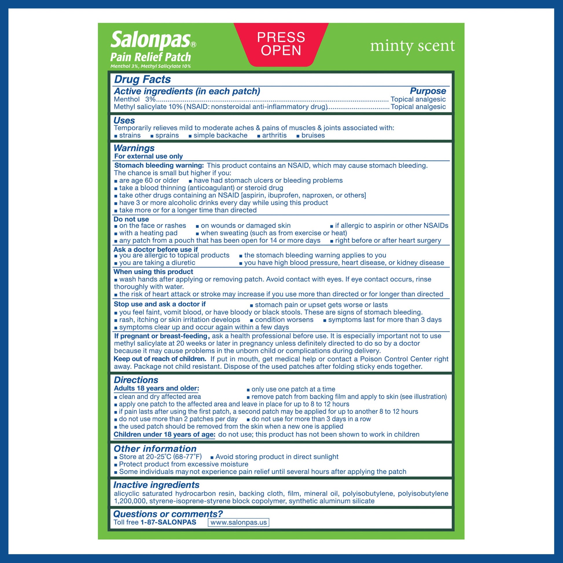 Salonpas Pain Relief Patch, 20 Count (Pack of 1), Up to 12 Hours Temporary Relief of Mild to Moderate Pain, Backache, Sore Muscle, Sprains, Bruises SalonpasAu supplements