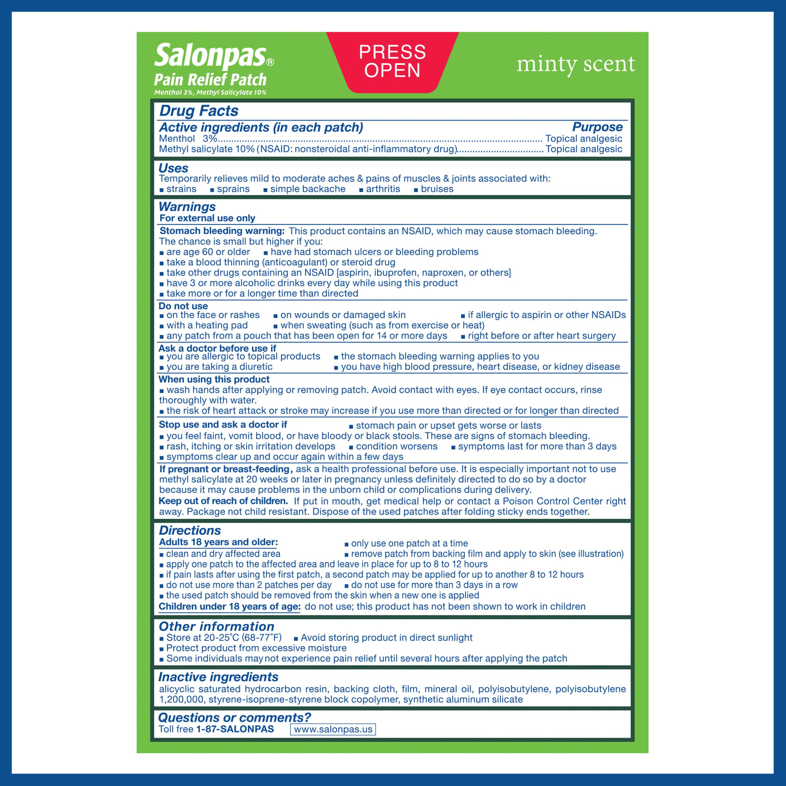 Salonpas Pain Relief Patch, 20 Count (Pack of 1), Up to 12 Hours Temporary Relief of Mild to Moderate Pain, Backache, Sore Muscle, Sprains, Bruises SalonpasAu supplements