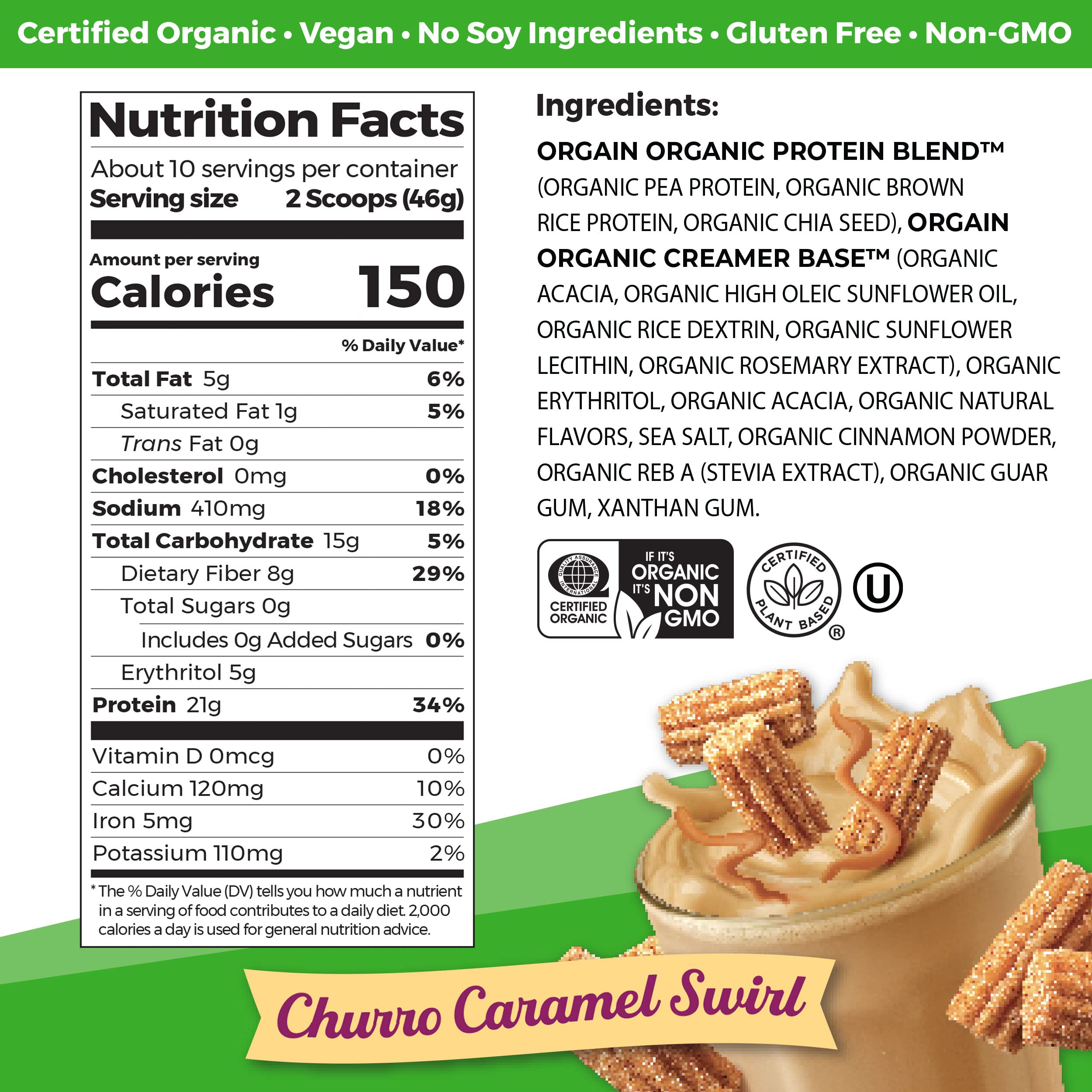 Orgain Organic Vegan Protein Powder, Churro Caramel Swirl - 21g Plant Based Protein OrgainUS supplements