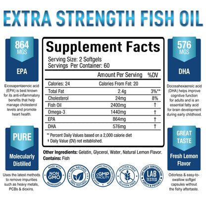 Premium Omega 3 Fish Oil Supplement 2400mg - Burpless Fish Oil Omega3 Softgels Purely OptimalUS supplements