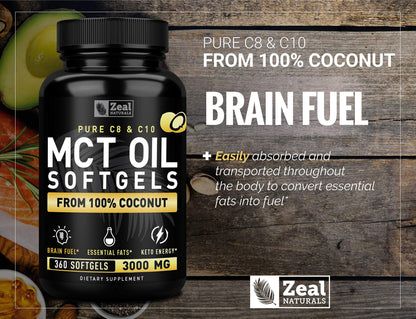 Pure MCT Oil Capsules (360 Softgels | 3000mg) 4 Month Supply Keto Pills w Unrefined Coconut Zeal NaturalsUS supplements