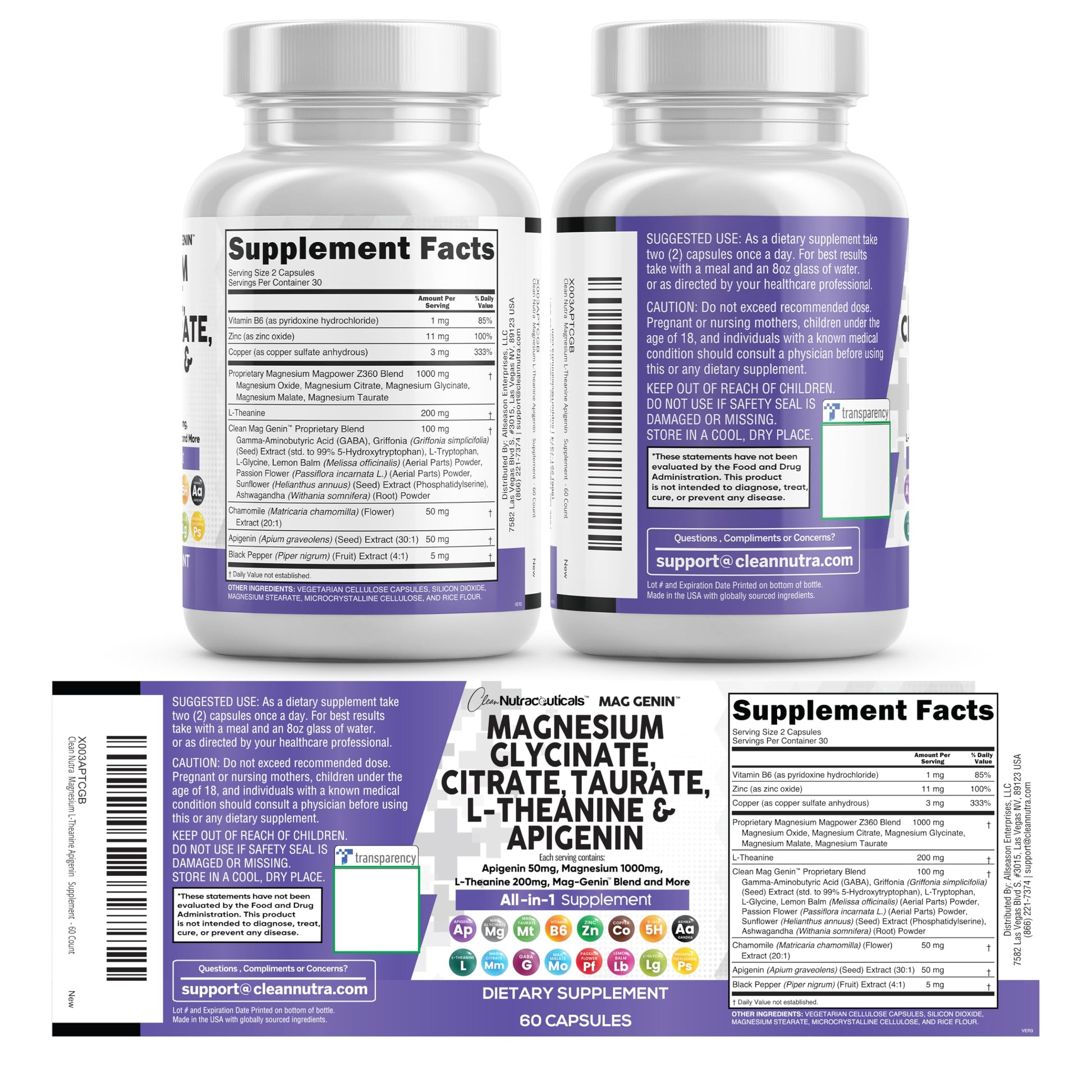 Clean Nutraceuticals Magnesium Glycinate Complex 1000mg with L-Theanine 200mg Apigenin 50mg Citrate Taurate Supplement - 5-HTP GABA Passion Flower Lemon Balm L-Glycine Phosphatidylserine - 60 Count Clean NutraceuticalsAu supplements