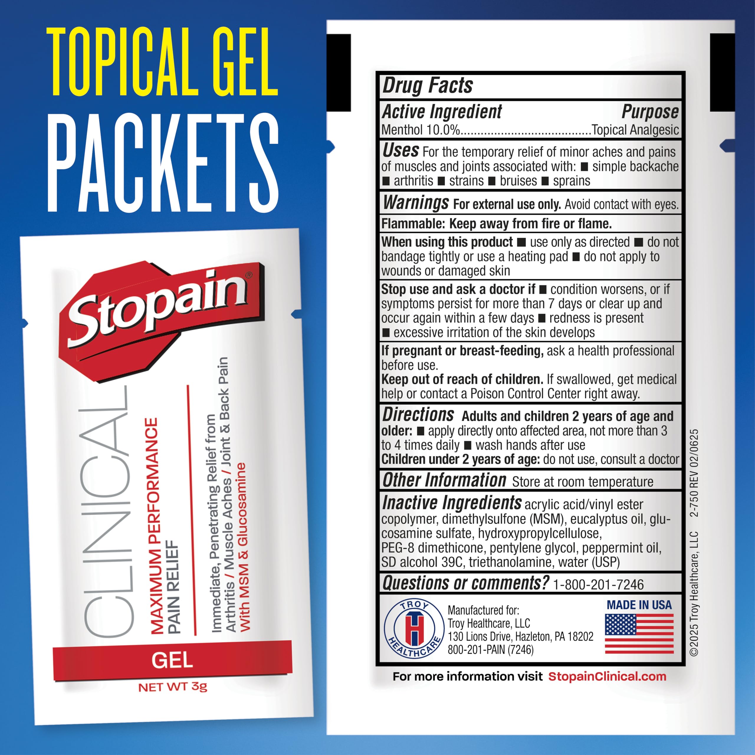 Stopain Pain Relief Clinical Gel Packets, 50 Pack, Made in USA, Maximum Performance Pain Relief with 10% Menthol Plus Glucosamine for Muscle Aches, Joint Pain, and Arthritis StopainAu supplements