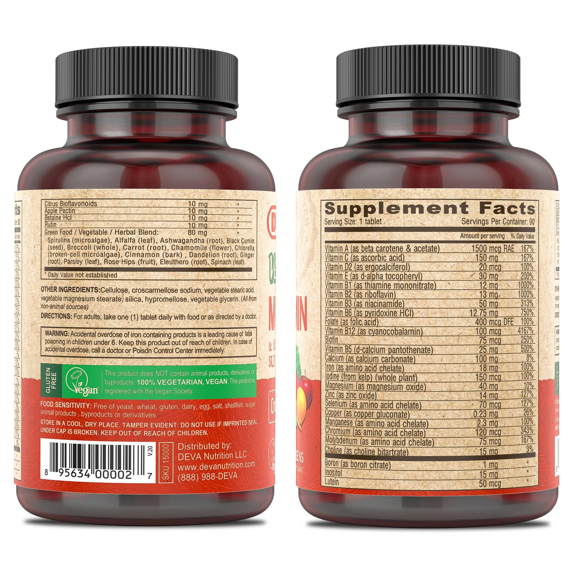DEVA Vegan Multivitamin & Mineral Supplement with Iron 2-Pack, Spirulina, Chlorella, Ashwagandha, Broccoli & More, 90 Coated Tablets Each DEVAAu supplements