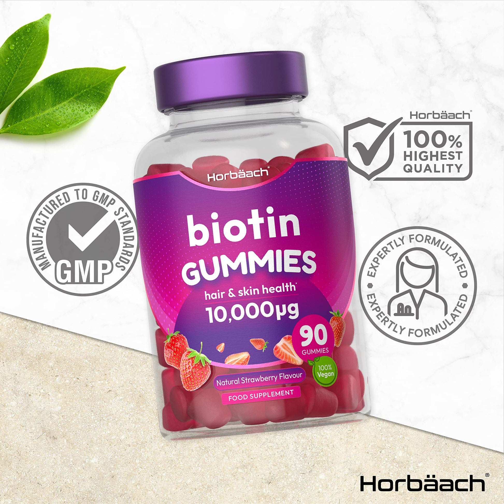 Biotin Gummies 10,000mcg | 90 Vegan Vitamins | Natural Strawberry Flavour HorbäachUS supplements