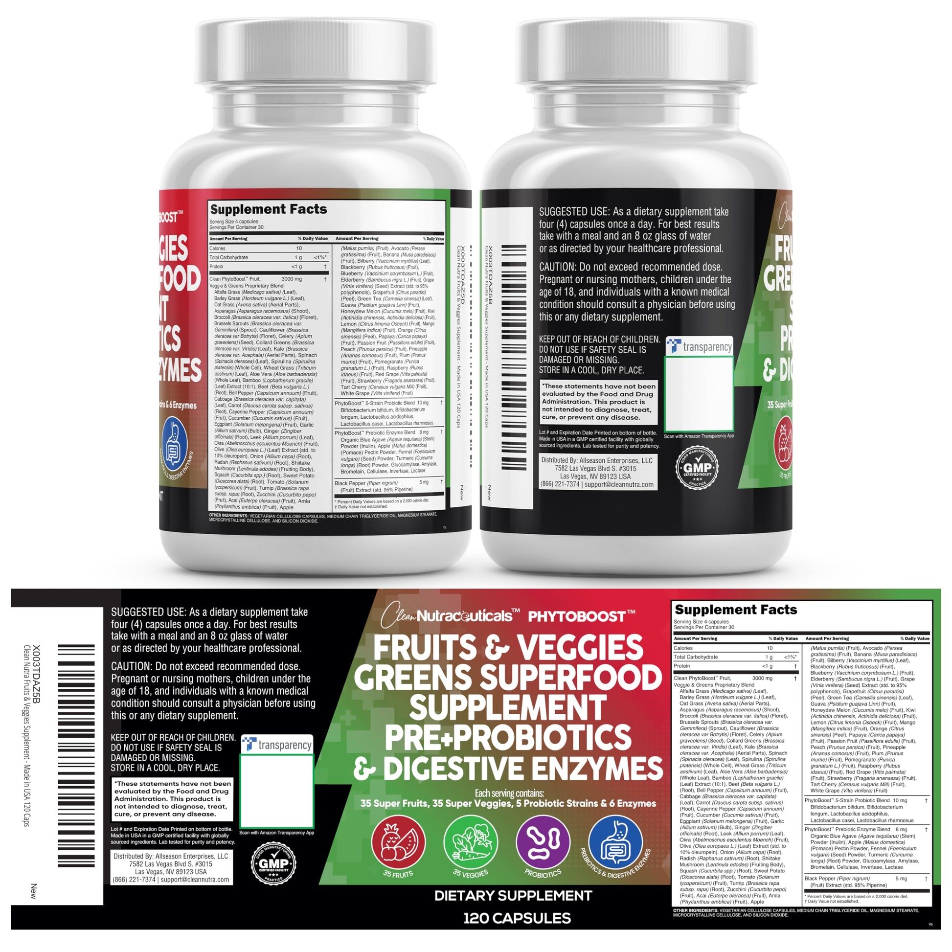 Clean Nutraceuticals Fruits and Veggies Supplement Reds & Green Superfood - Balance of Over 70 Fruit & Vegetable Supplements Capsules with Probiotics Prebiotics Digestive Enzymes - 120 Ct USA Clean NutraceuticalsAu supplements