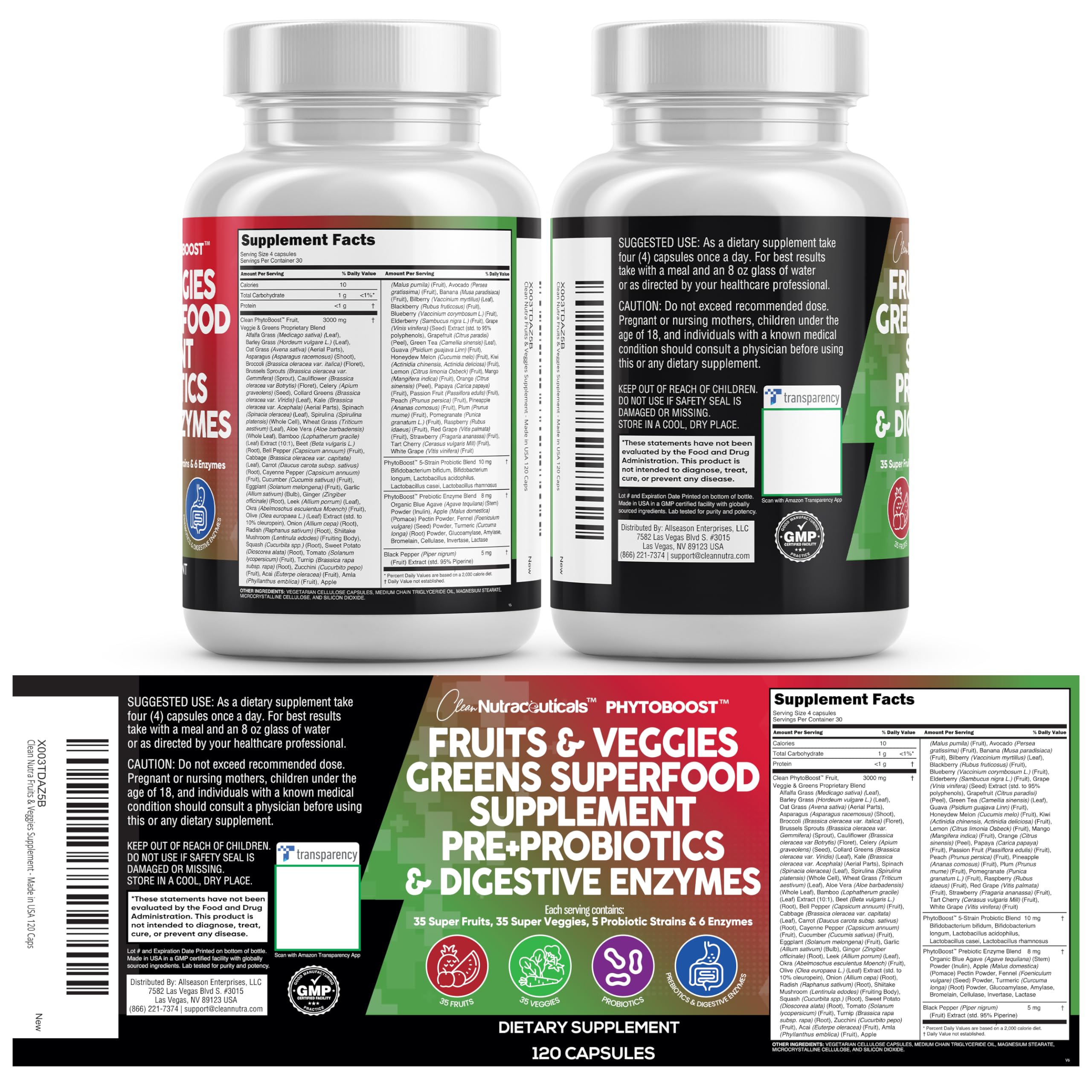 Clean Nutraceuticals Fruits and Veggies Supplement Reds & Green Superfood - Balance of Over 70 Fruit & Vegetable Supplements Capsules with Probiotics Prebiotics Digestive Enzymes - 120 Ct USA Clean NutraceuticalsAu supplements
