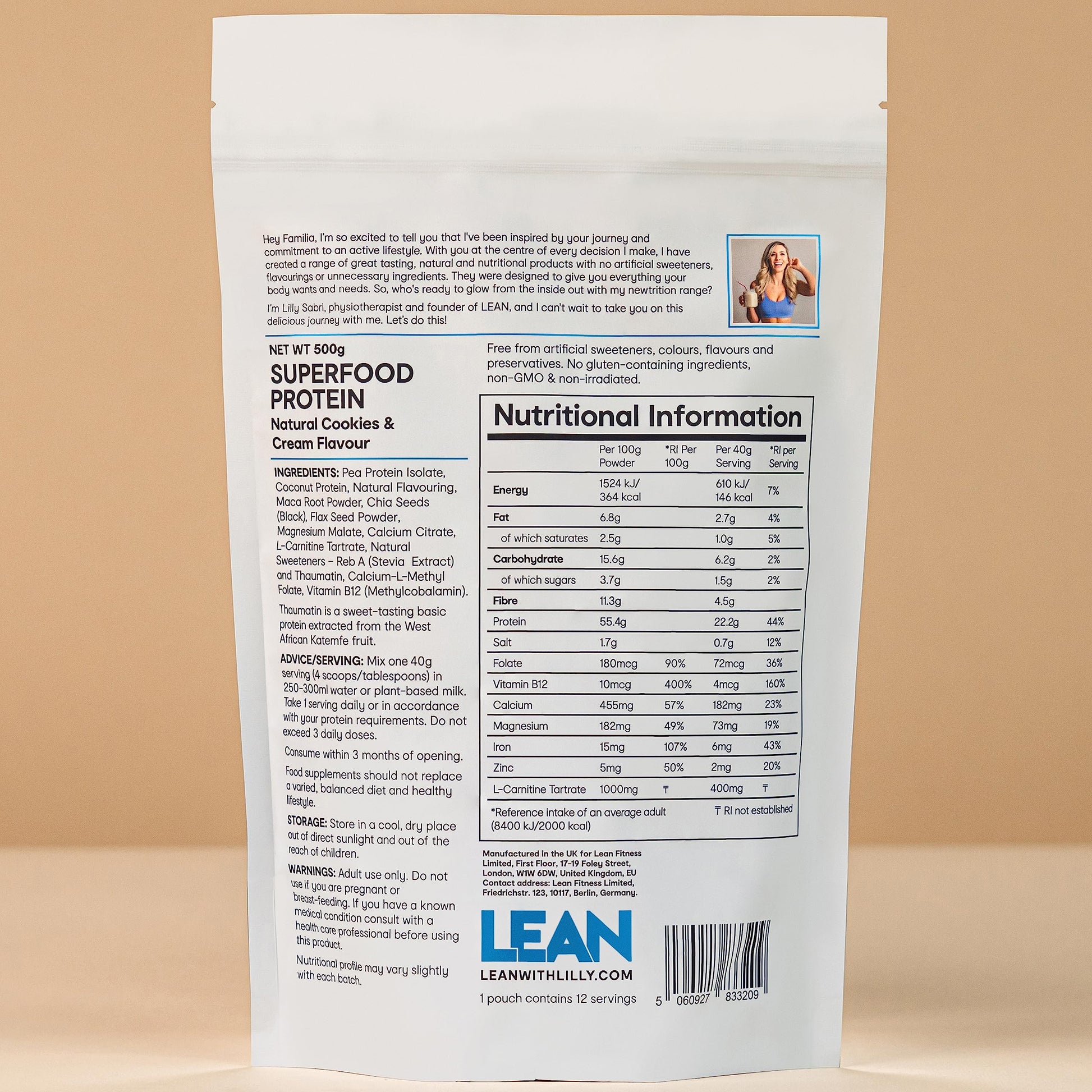 LEAN with Lilly Superfood Protein Vegan Protein Plant Based Protein Cookies and Cream Flavour 500g Lean With LillyAu supplements