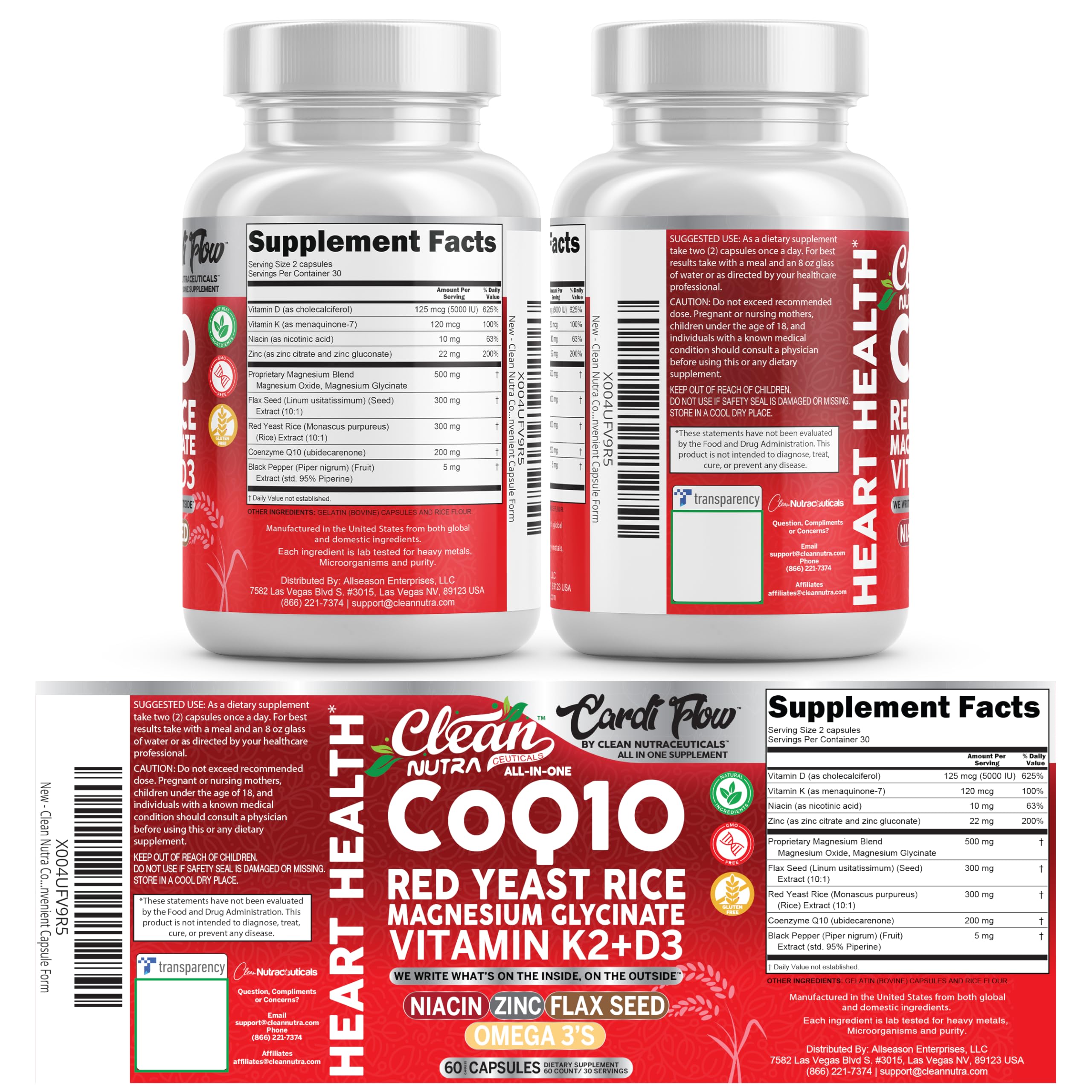 Clean Nutra CoQ10 Red Yeast Rice Magnesium Glycinate Vitamin K2 D3 Niacin Zinc Flax Seed Omega 3 Capsules 60 Count All in One Formula Premium Ingredients Dietary Supplement Clean NutraceuticalsAu supplements