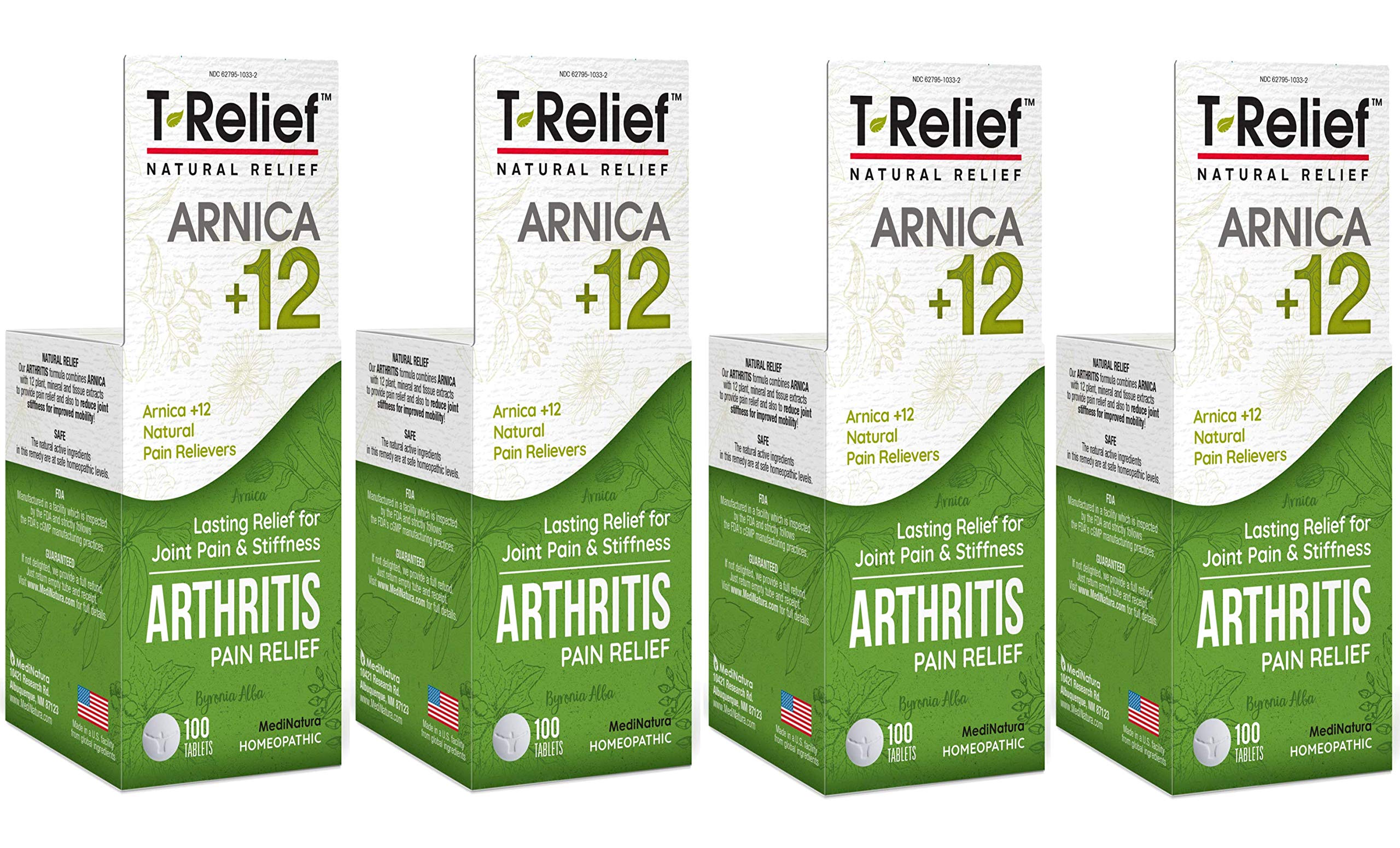 MediNatura T-Relief Extra Strength Arthritis Pain Reliever Arnica +12 Natural Medicines for Joint Soreness Stiffness Aches, Quick Dissolving Pain Relief for Women & Men - 100 Tablets (4 Pack) MediNaturaAu supplements