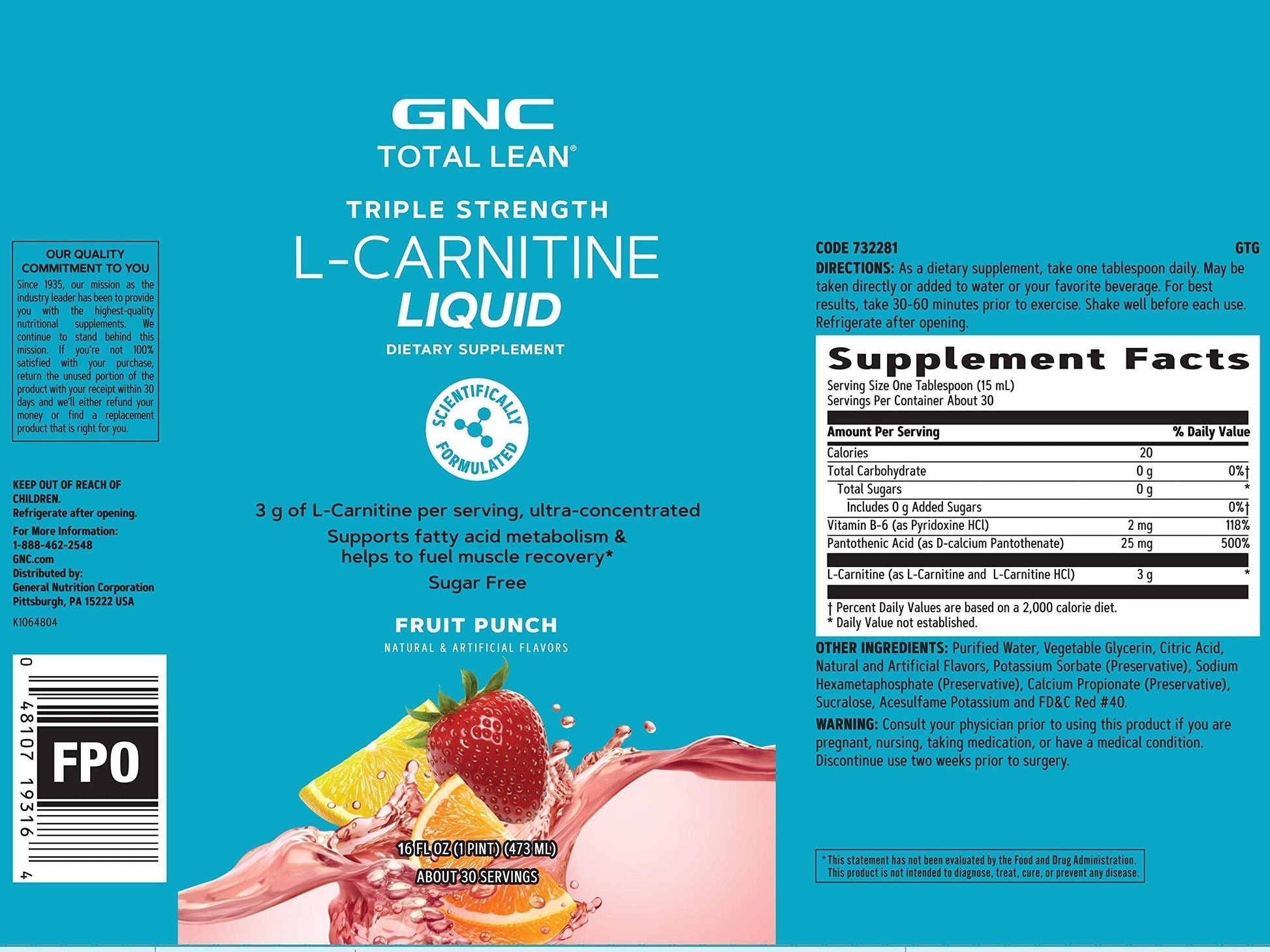 GNC Total Lean Triple Strength L-Carnitine Liquid | Supports Fatty Acid Metabolism GNCUS supplements
