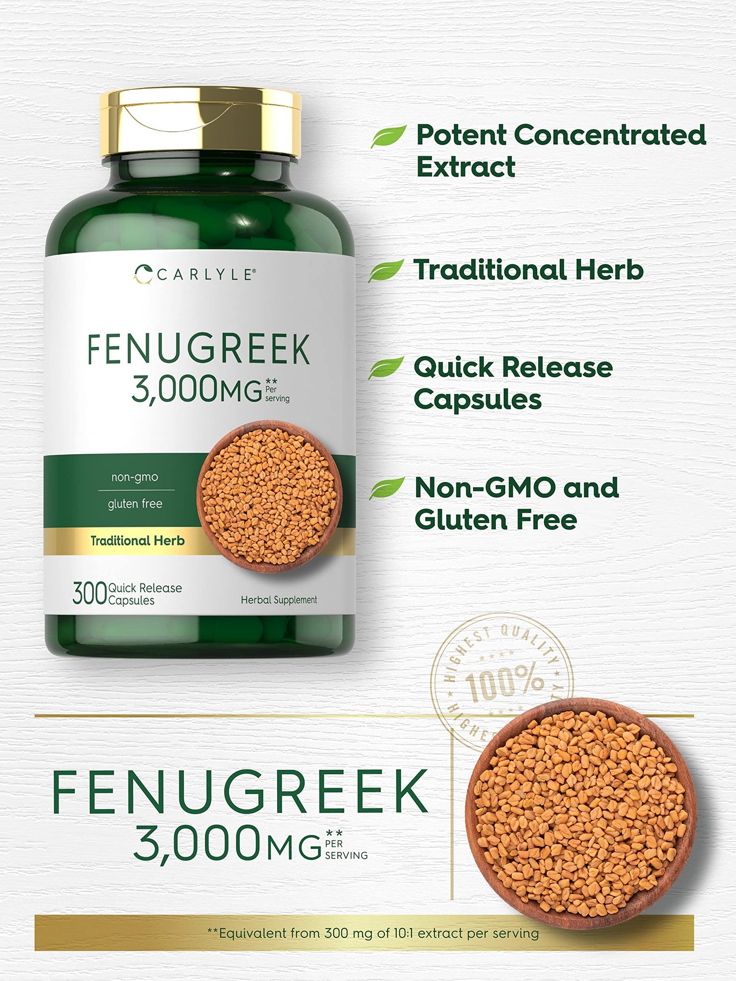Carlyle Fenugreek Capsules 3000 mg | 300 Count | Non-GMO & Gluten Free Extract CarlyleUS supplements