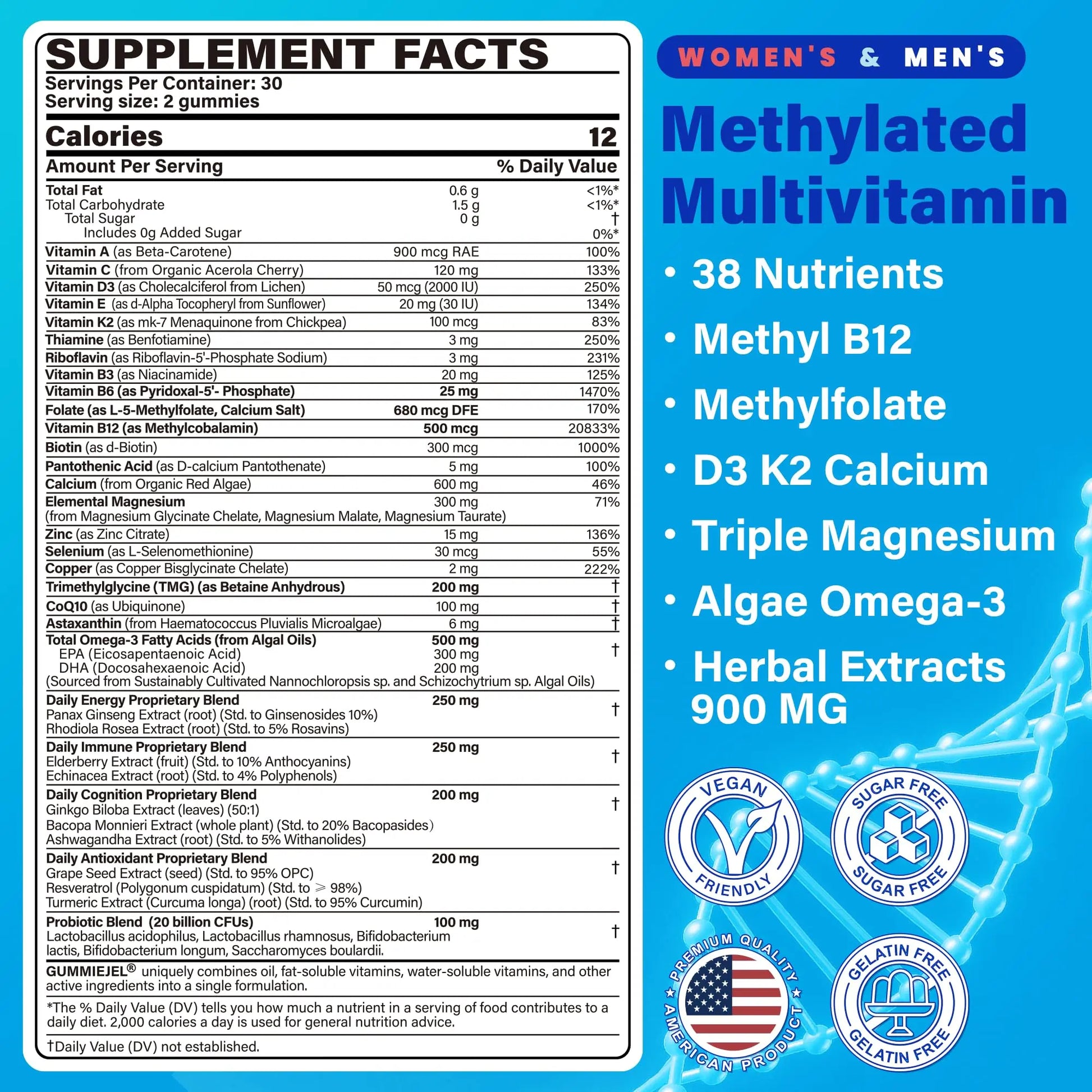 Methylated Multivitamin for Women & Men Gummies w/ Omega-3, Calcium, D3 K2, Methylfolate & B12, TMG, Daily Vitamins, Mag, CoQ10, Probiotic for 18 30 40 50 60 70+, Overall Health - Vegan, Sugar Free NEVISSnz supplements