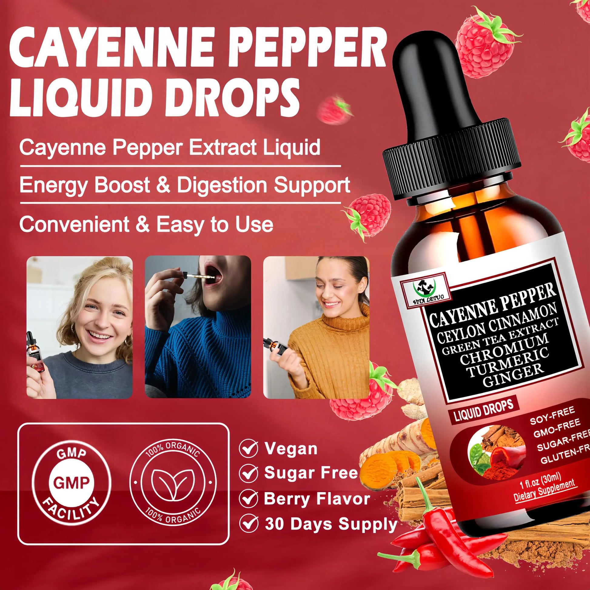Cayenne Pepper Drops, High Absorption 6-in-1 Liquid Cayenne Pepper Supplement w/Ceylon Cinnamon, Green Tea Extract, Turmeric, Organic Liquid Drops Than Cayenne Capsules Powder Vita letuonz supplements
