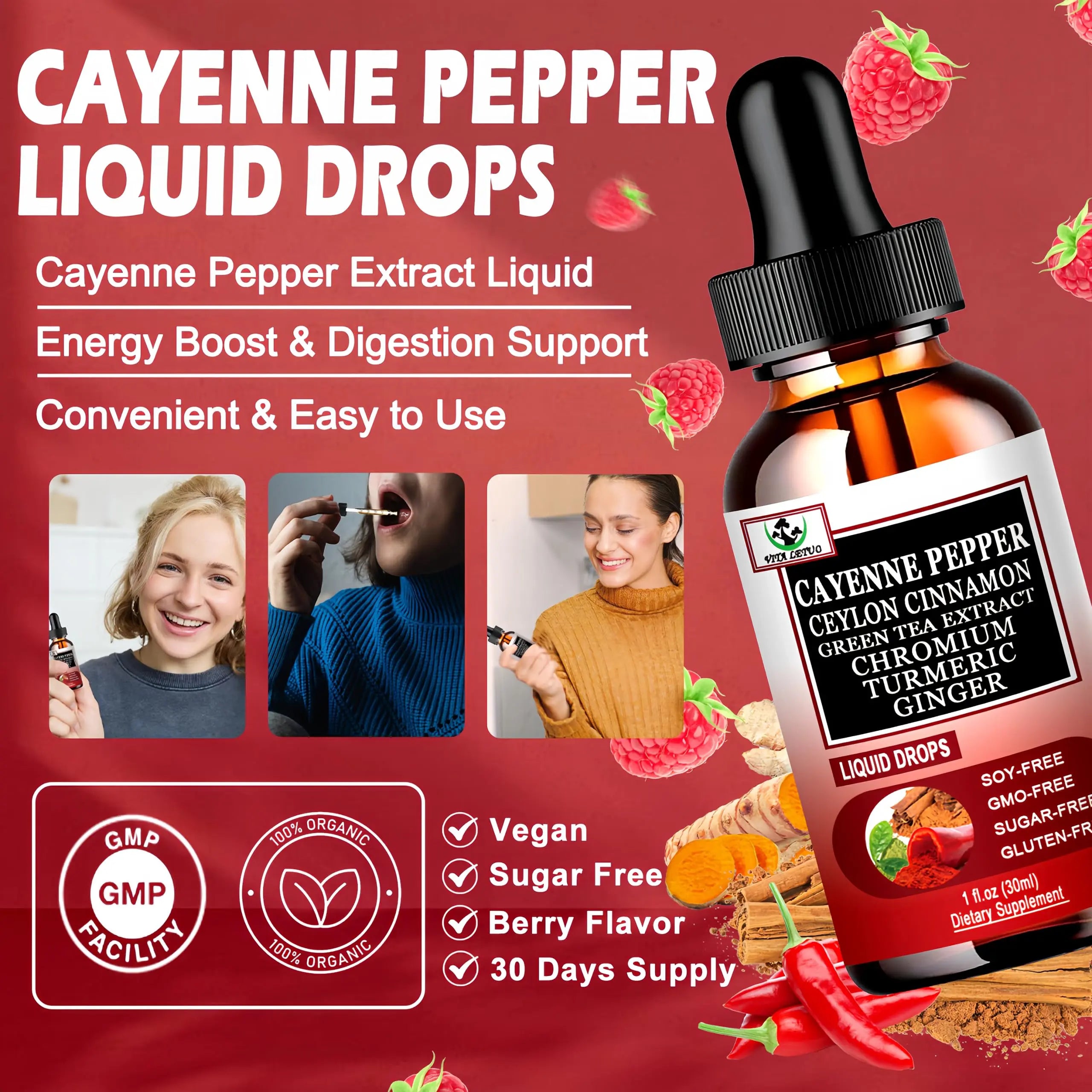 Cayenne Pepper Drops, High Absorption 6-in-1 Liquid Cayenne Pepper Supplement w/Ceylon Cinnamon, Green Tea Extract, Turmeric, Organic Liquid Drops Than Cayenne Capsules Powder Vita letuonz supplements