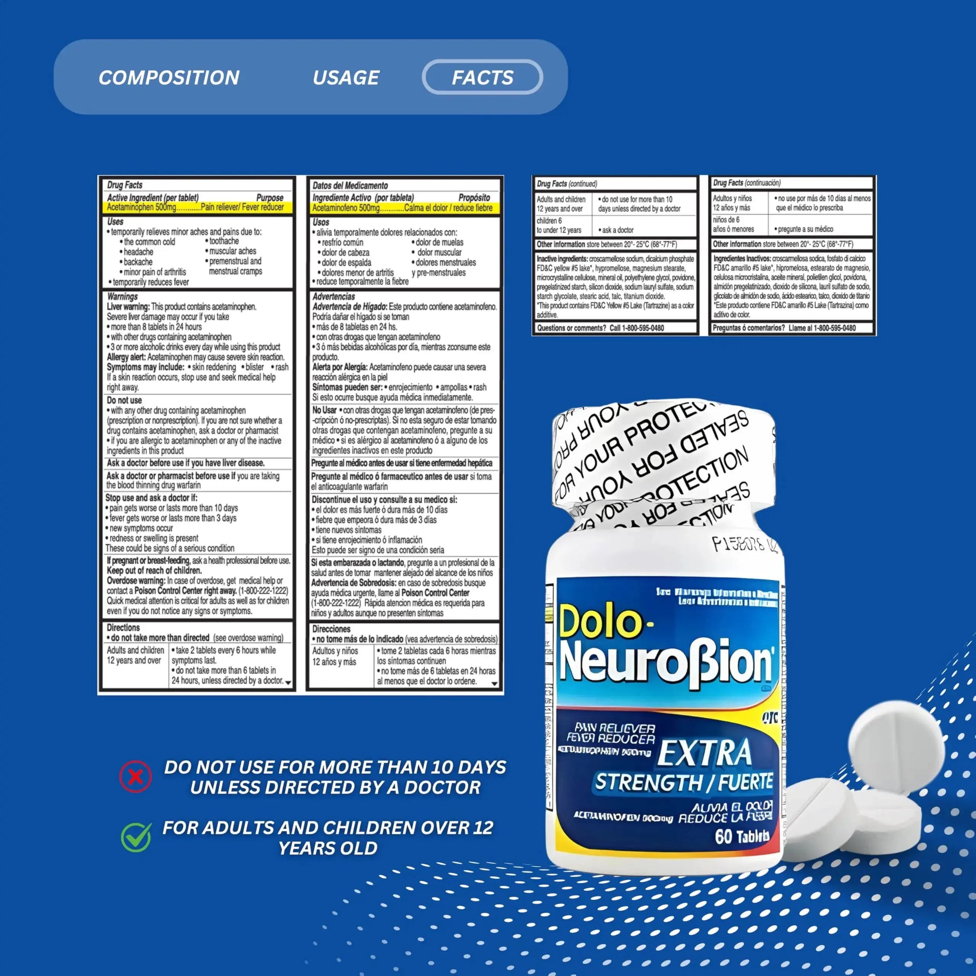 Dolo Neurobion Pain Reliever, Fever Reducer, Extra Strength. Alivia el Dolor,Reduce la Fiebre, Extra Fuerte. 60 Tablets. Acetaminophen 500 mg NeurobionAu supplements