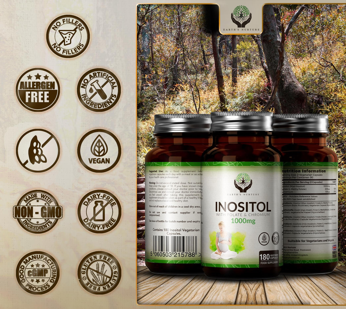 EN Myo-Inositol Chromium & Folate Blend | 1000mg Myo Inositol Per Serving | 180 Vegan Earth's NurtureUS supplements