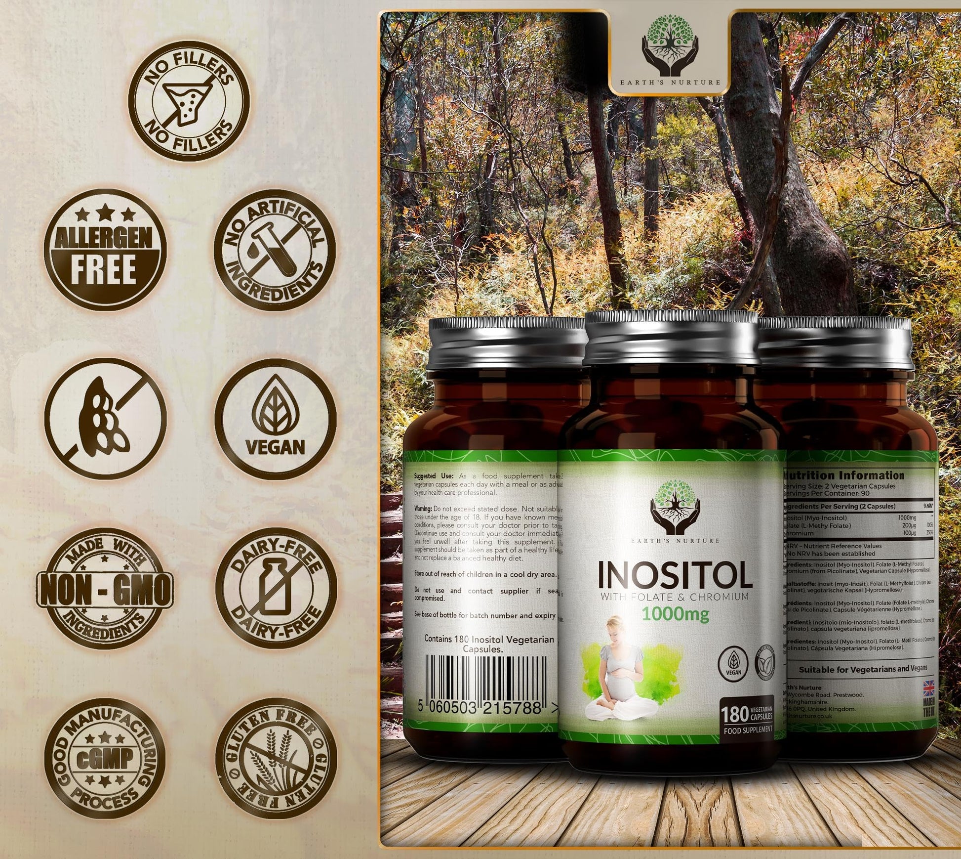EN Myo-Inositol Chromium & Folate Blend | 1000mg Myo Inositol Per Serving | 180 Vegan Earth's NurtureUS supplements