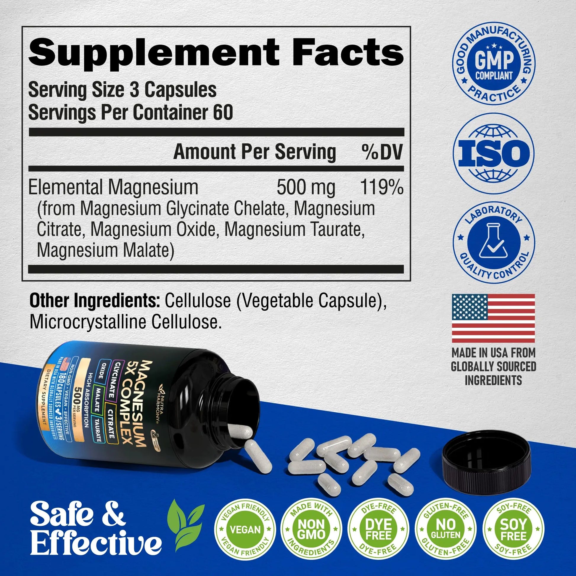 Magnesium Supplement - 5 in 1 Complex | Glycinate | Citrate | Malate | Taurate | Oxide - Made in USA - Stress, Muscle & Heart Support - Vegan, Natural, Non-GMO - 180 Capsules, 2 Month Supply NUTRAHARMONYnz supplements