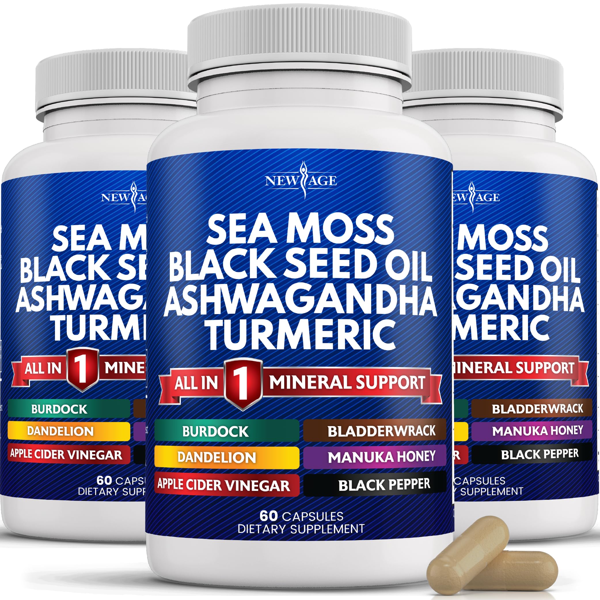 Silica Sea Moss 3000mg Black Seed Oil 2000mg Ashwagandha 1000mg Turmeric 1000mg NEW AGEAu supplements