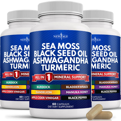 Silica Sea Moss 3000mg Black Seed Oil 2000mg Ashwagandha 1000mg Turmeric 1000mg NEW AGEUS supplements