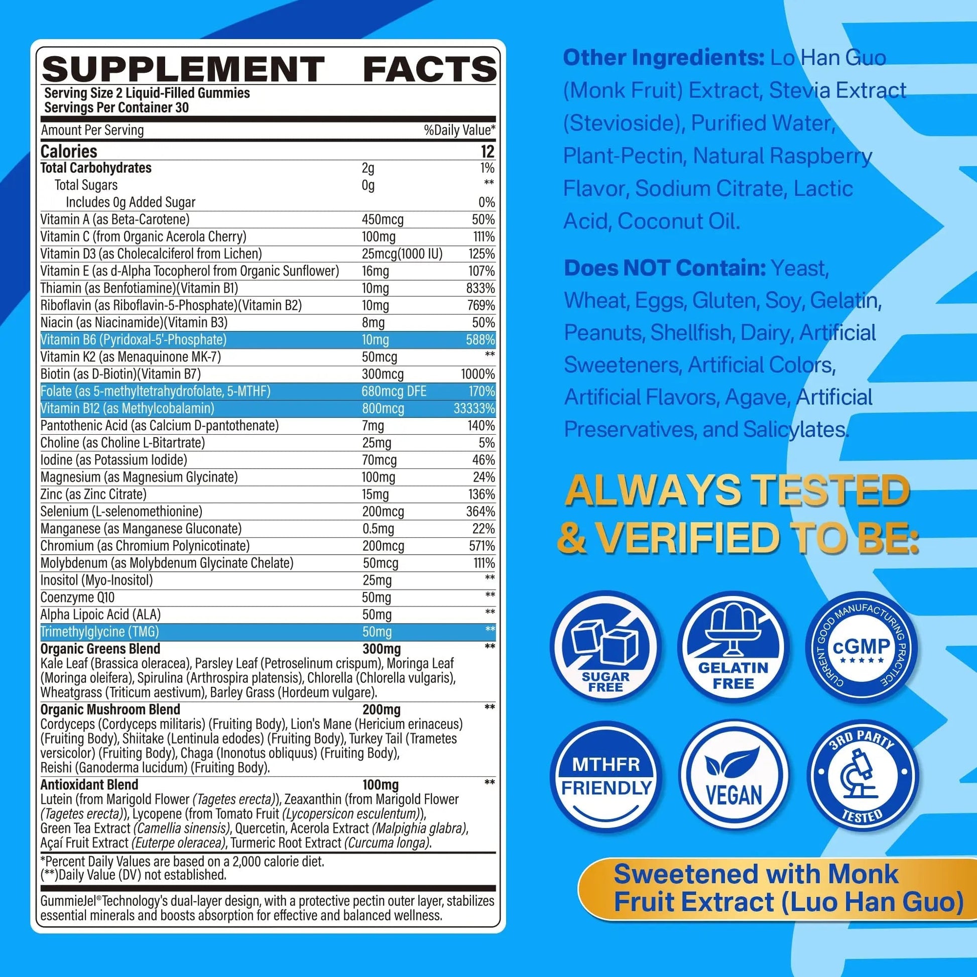 Methylated Multivitamin for Men & Women Gummies + Greens & Mushroom Blend, Methylfolate & B12, TMG, Choline LILICAREAu supplements