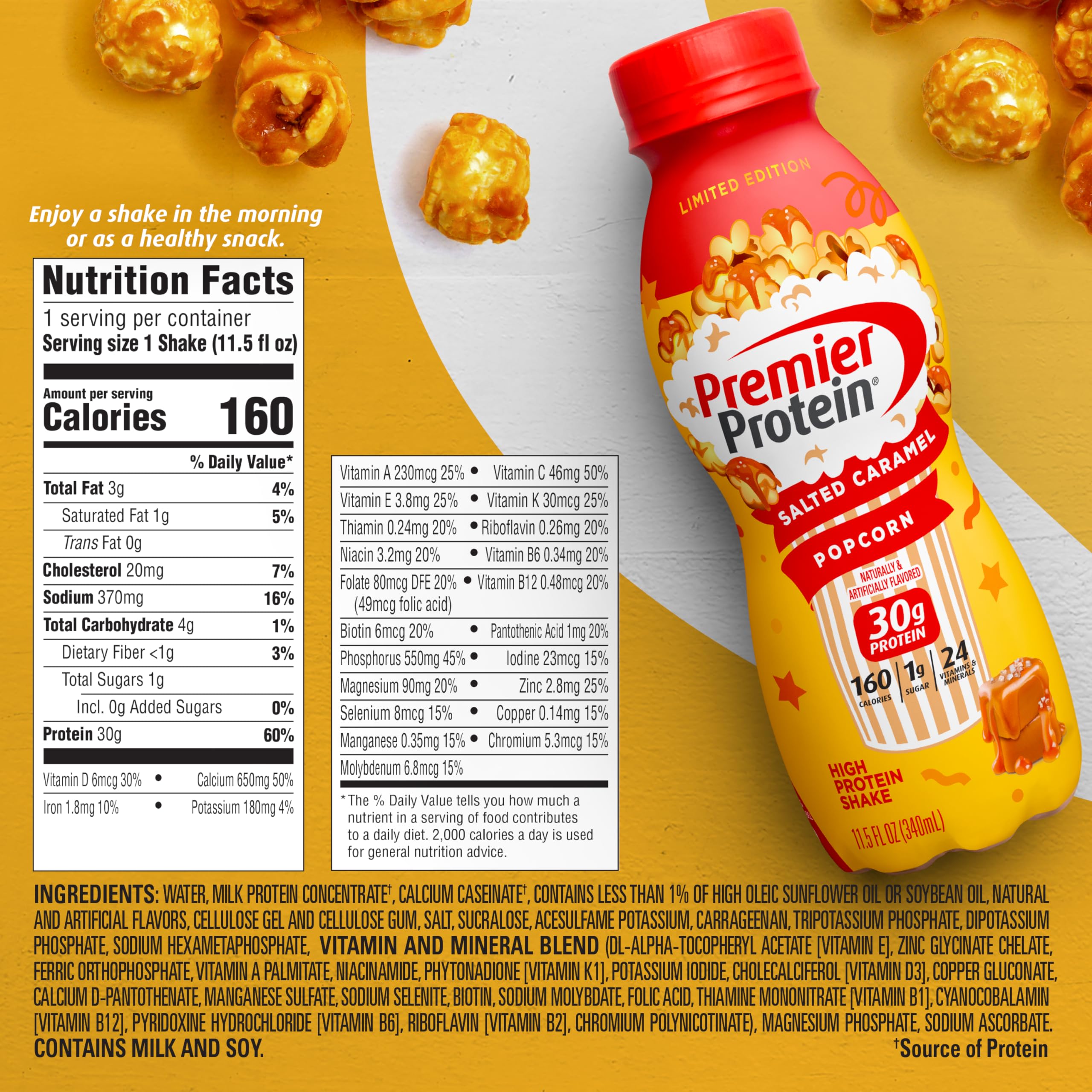 Premier Protein Shake Limited Edition Salted Caramel Popcorn, 30g 1g Sugar 24 Vitamins Premier ProteinUS supplements