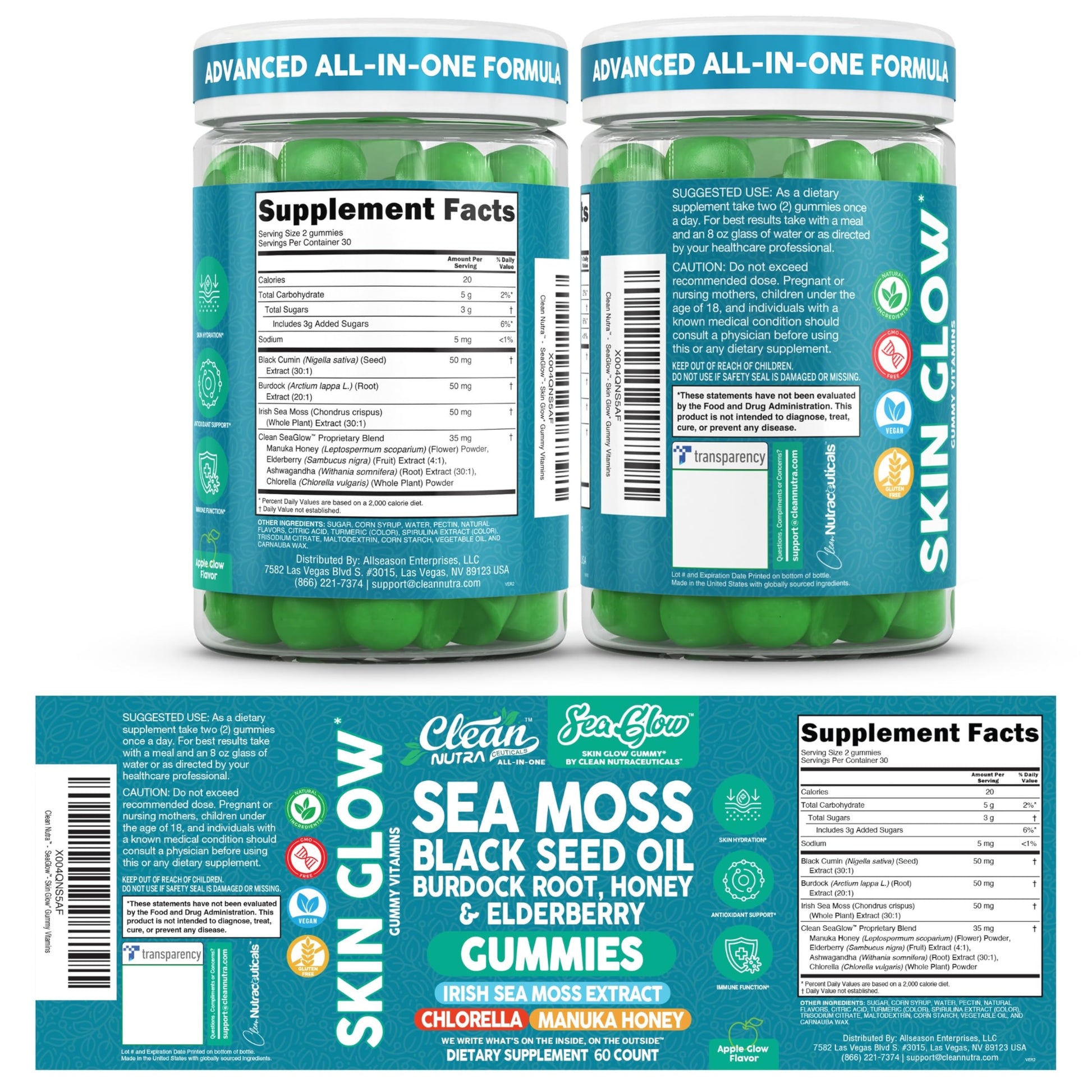 Clean Nutra Sea Moss Gummies Black Seed Oil Chlorella Ashwagandha Root Hair Growth Skin Glow Irish Sea Moss Elderberry Burdock Manuka Honey Trace Minerals Detox 60 Gummy Vitamins Sea Glow Supplement Clean NutraceuticalsAu supplements