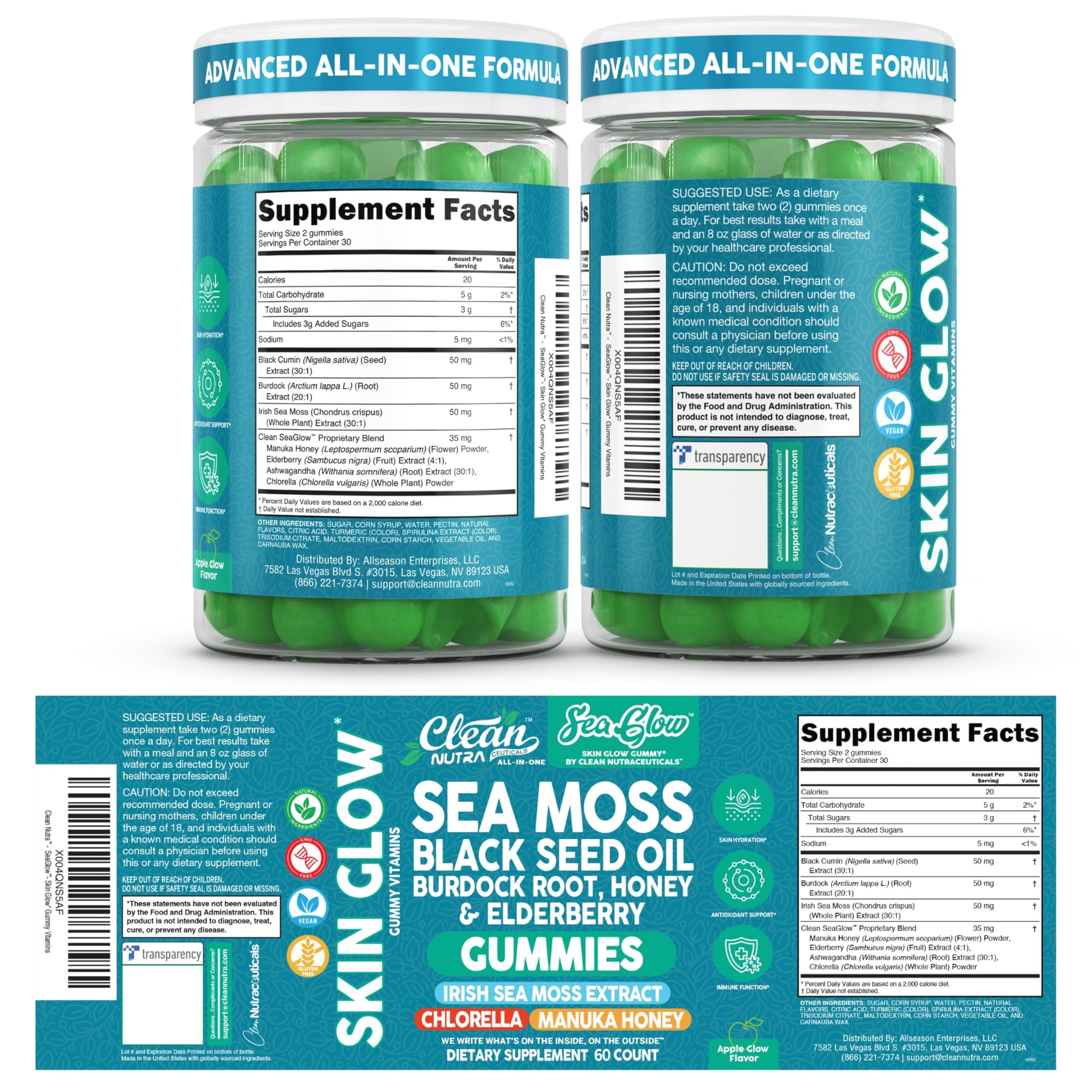 Clean Nutra Sea Moss Gummies Black Seed Oil Chlorella Ashwagandha Root Hair Growth Skin Glow Irish Sea Moss Elderberry Burdock Manuka Honey Trace Minerals Detox 60 Gummy Vitamins Sea Glow Supplement Clean NutraceuticalsAu supplements