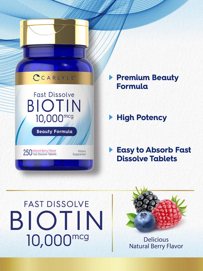 Carlyle Biotin 10000mcg | 250 Fast Dissolve Tablets | Max Strength | Vegetarian, Non-GMO, Gluten Free Supplement CarlyleUS supplements