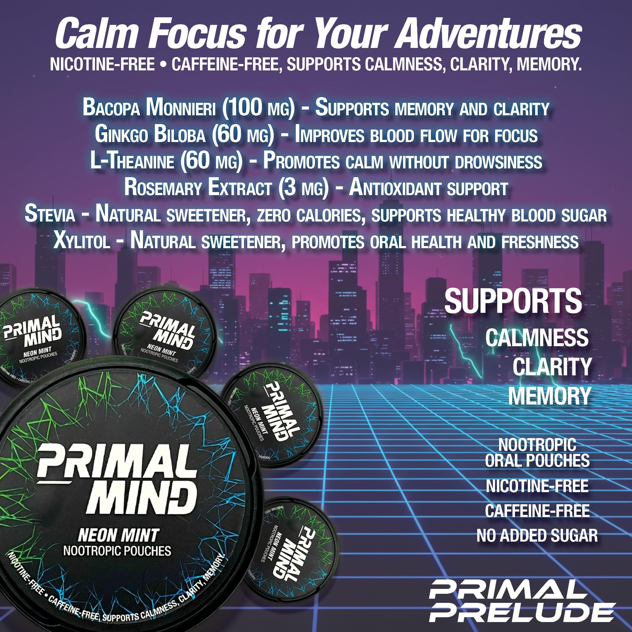 Nootropic Pouches - Primal Mind Caffeine Free Nootropics Pouches Made with Ginkgo Biloba & L-Theanine - Nicotine Free Brain Boost, No Sugar, Cognitive Support – 20 Pouches Per Can, 5 Pack (Neon Mint) Primal PreludeAu supplements