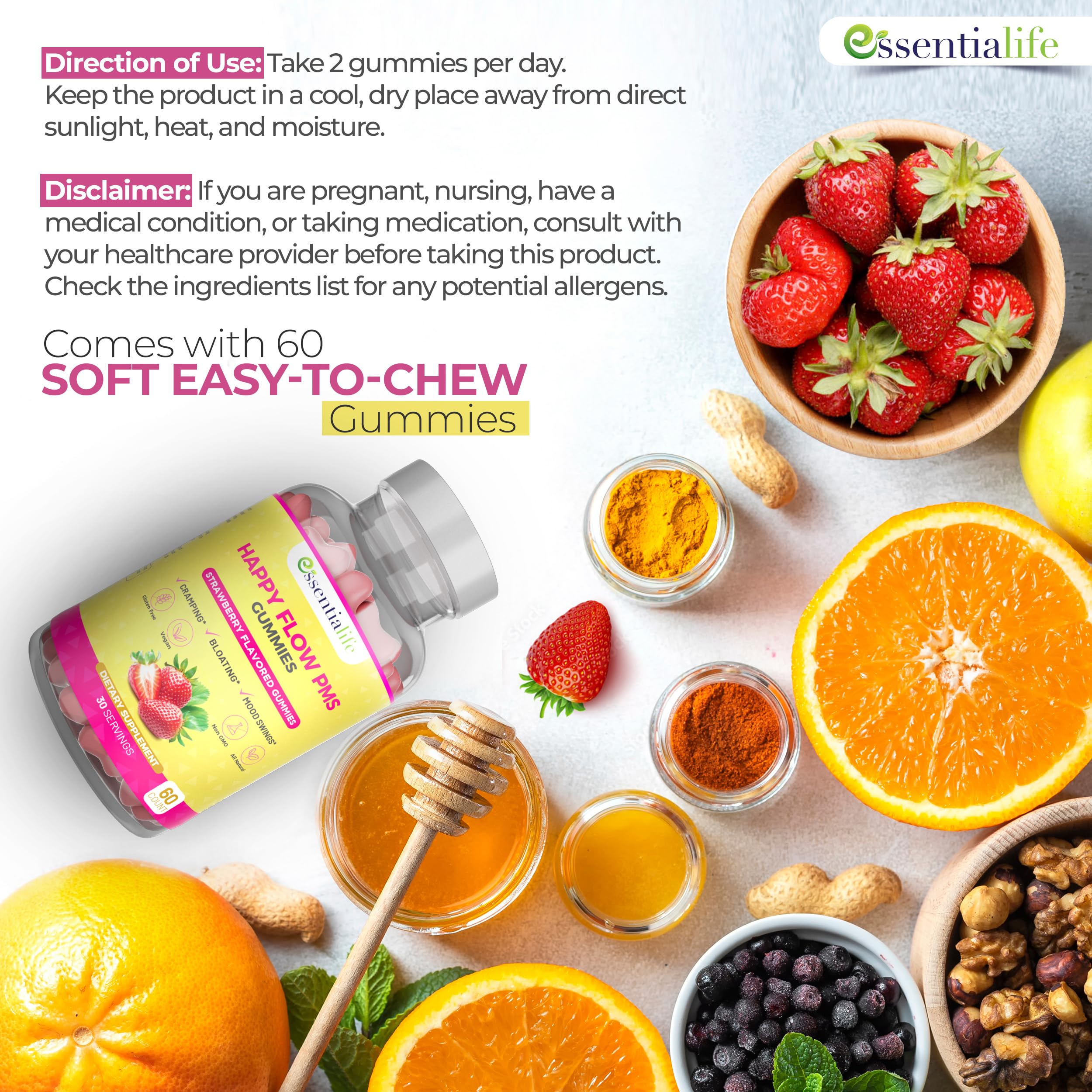 PMS Gummies - Happy Flow PMS Support Supplement for Women - Strawberry PMS Relief Supplement with Vitamin B6 for Hormone Balance, Period Support, Cramps, Hormonal Acne & Bloating Relief (60 Count) EssentialifeAu supplements