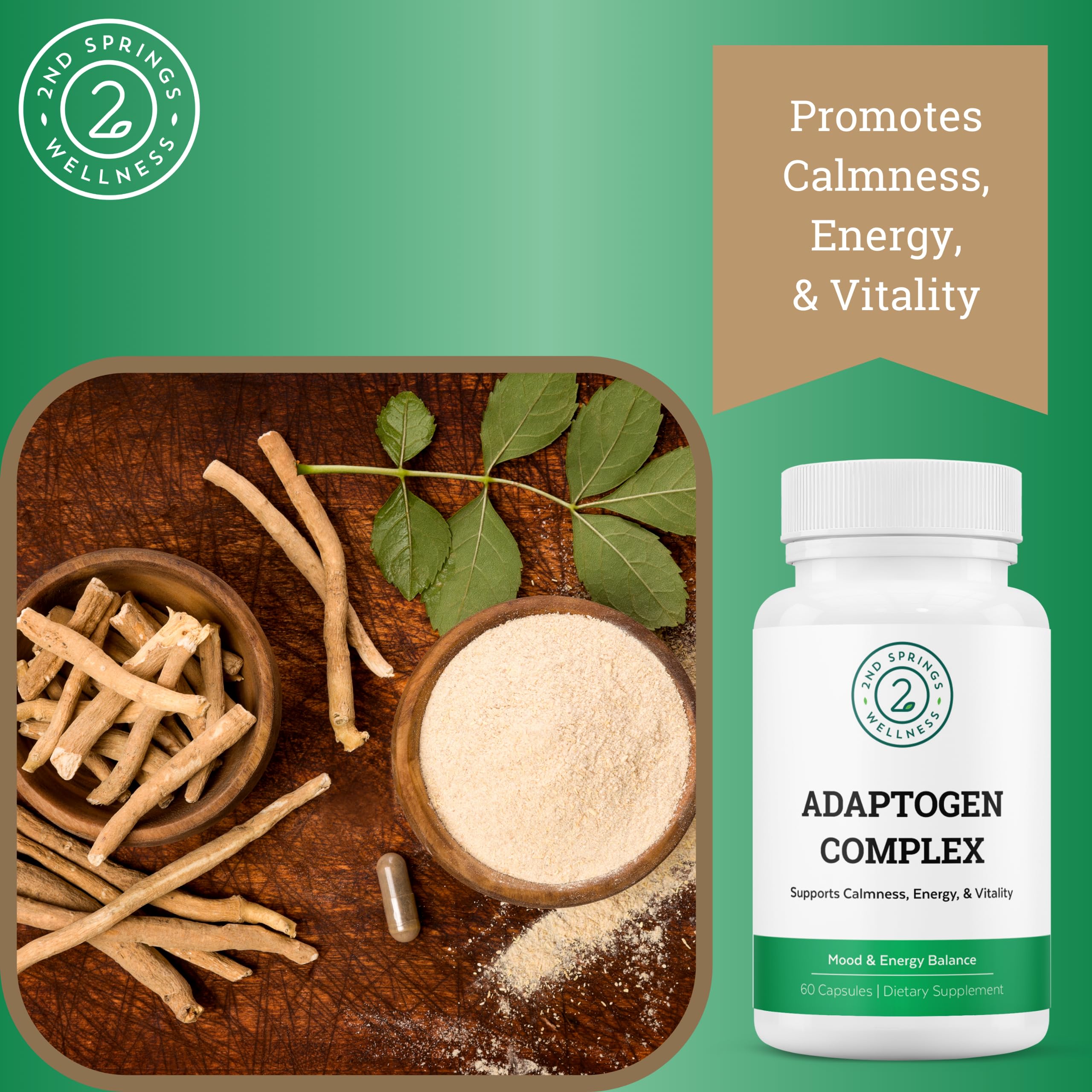 2nd Springs Adaptogen Complex Calmness, Energy and Vitality Booster - Ashwagandha, Schisandra, Astragalus, Ginseng, Rhodiola, and More - Adrenal Support Supplements - 60 Ct 2nd SpringsAu supplements