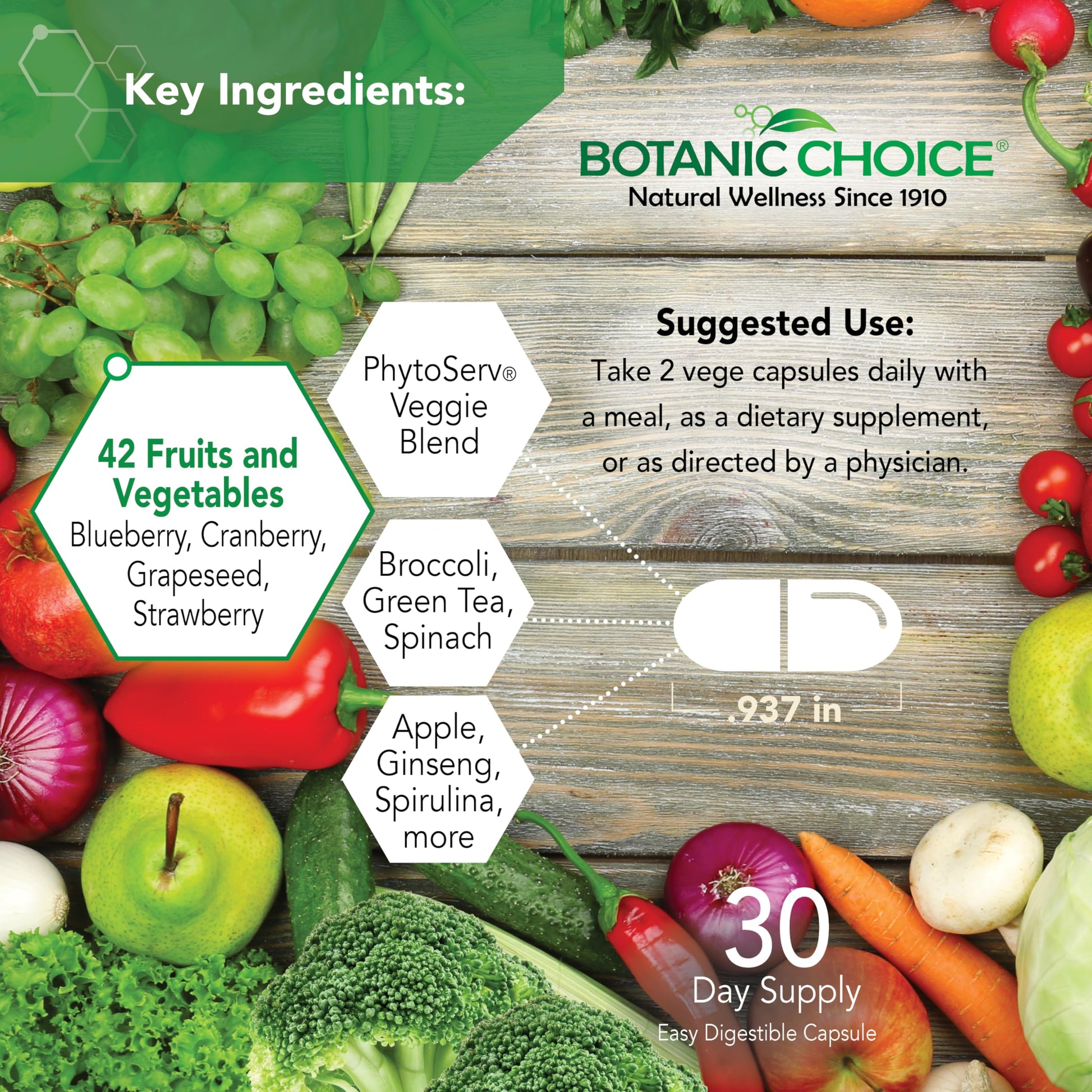 Botanic Choice Since 1910 - Mega Fruits & Veggies Blend - 42 Fruits and Vegetables - 2 Caps Daily - 60 Count Supplement Botanic ChoiceAu supplements