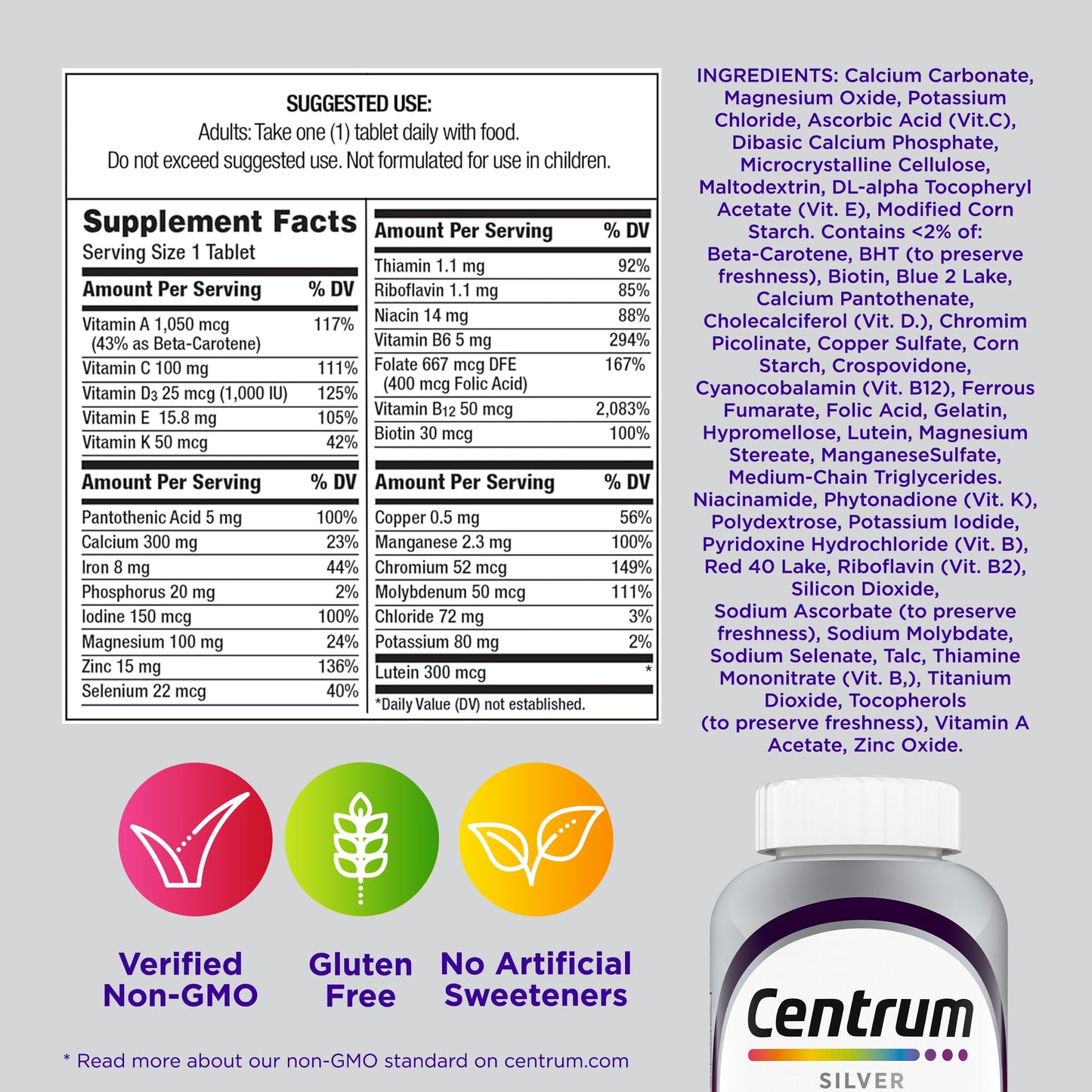 Centrum Silver Women's Multivitamin for Women 50 Plus, Multivitamin/Multimineral Supplement with Vitamin D3, B Vitamins, Non-GMO Ingredients CentrumUS supplements