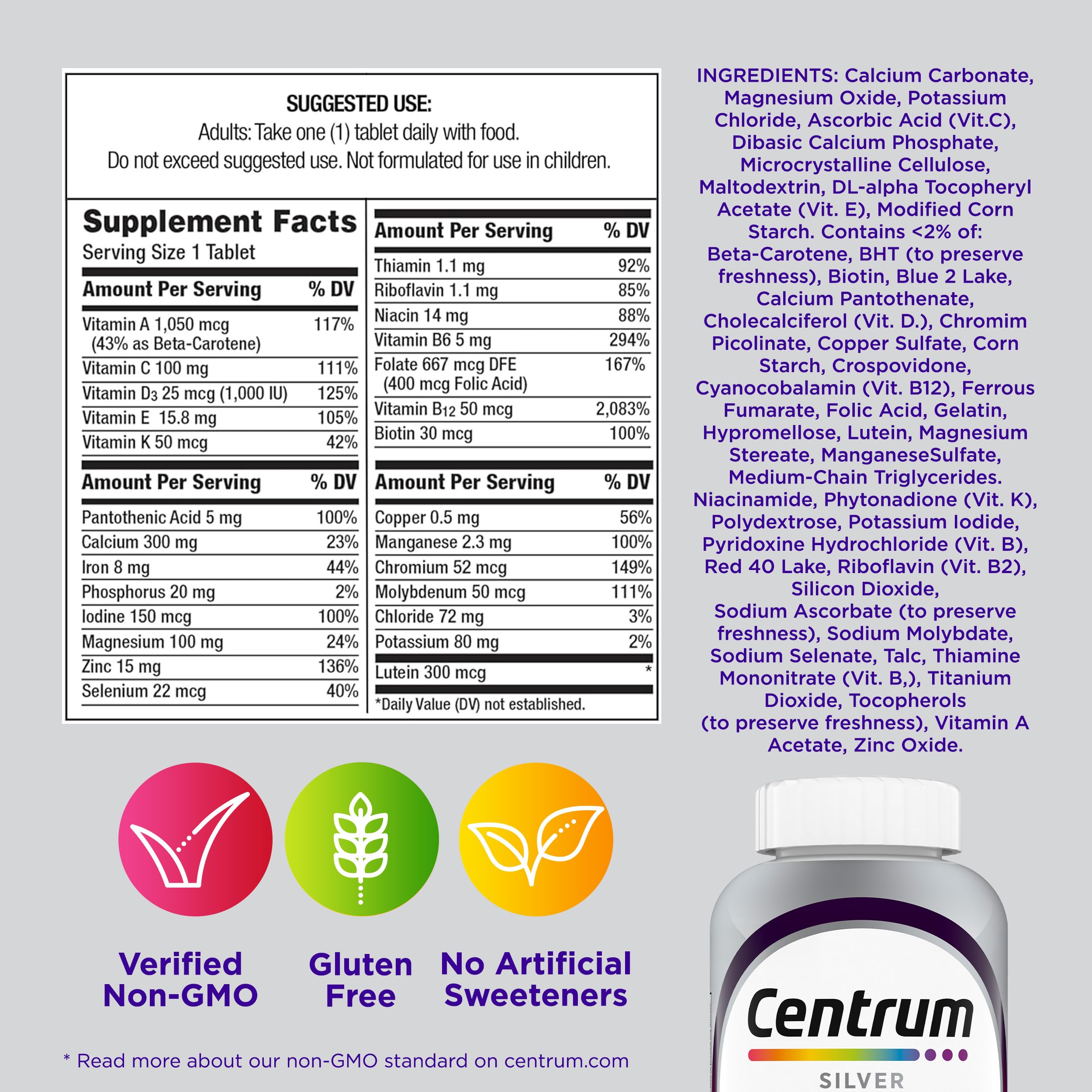 Centrum Silver Women's Multivitamin for Women 50 Plus, Multivitamin/Multimineral Supplement with Vitamin D3, B Vitamins, Non-GMO Ingredients CentrumAu supplements