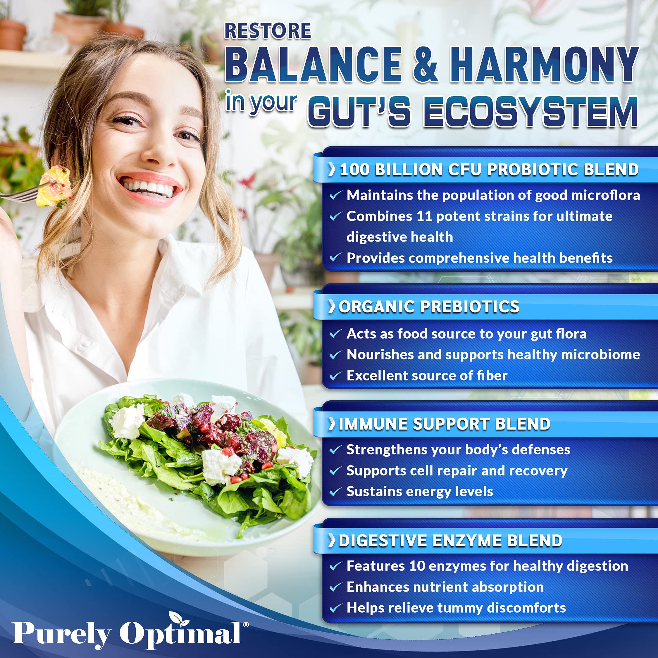 Purely Optimal Premium Probiotics 100 Billion CFU w/Digestive Enzymes Purely OptimalUS supplements