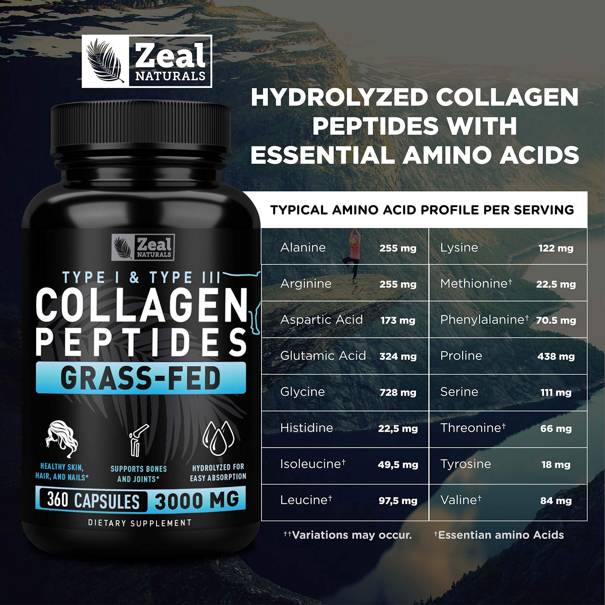 Zeal Naturals Collagen Peptides Collagen Pills (360 Capsules) Grass Fed Collagen Pepetide Powder - Hydrolyzed Collagen Powder for JointTendon SupplementHair Skin and Nails - Zeal NaturalsAu supplements