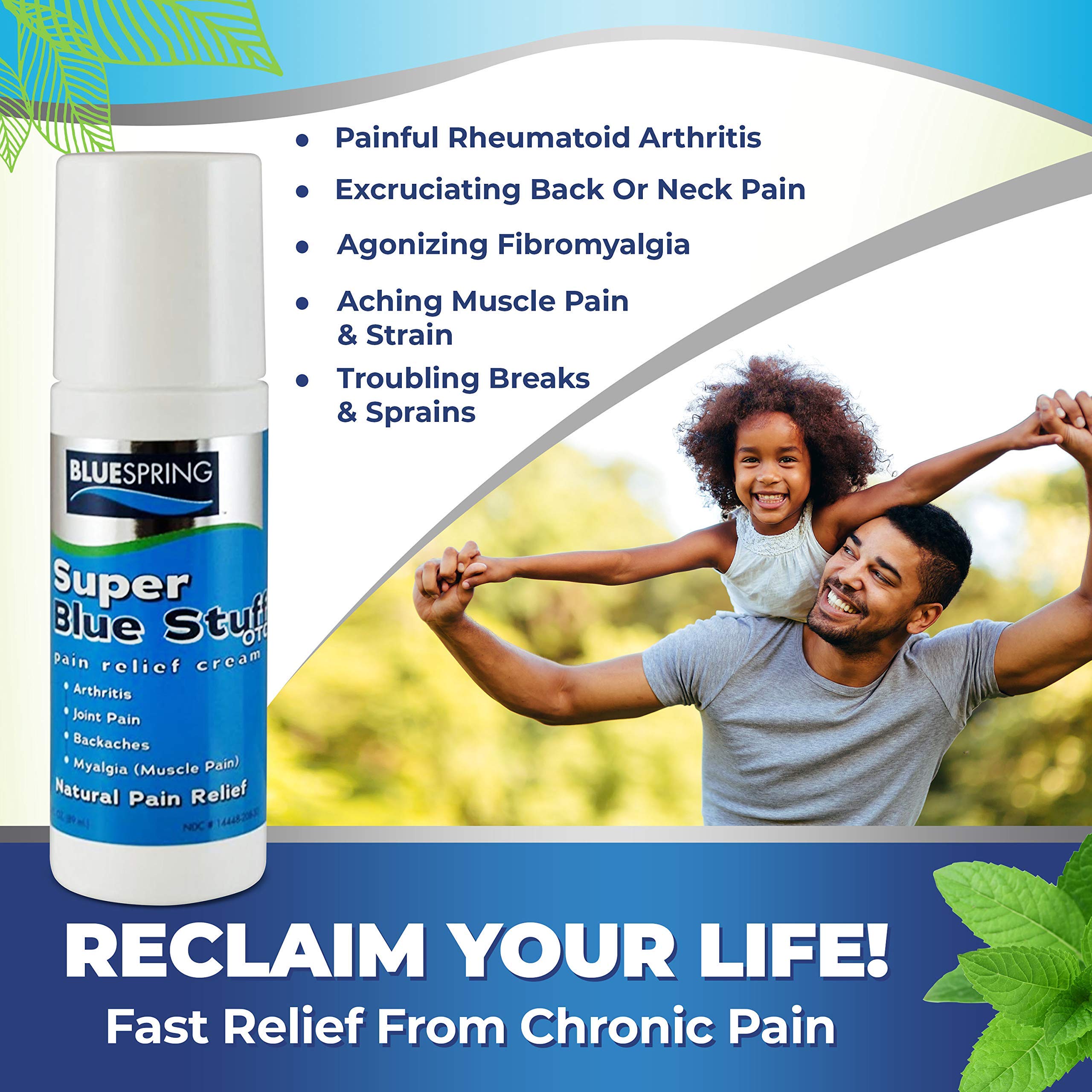 Super Blue Stuff Natural Pain Relief roll on with Emu Oil by BlueSpring- Pain relief rub Anti Inflammatory Analgesic Cream for Back, Knee, Joint, Muscle, Arthritis, and neck Pain Relief- 3 Oz roll-on. Emu TherapyAu supplements