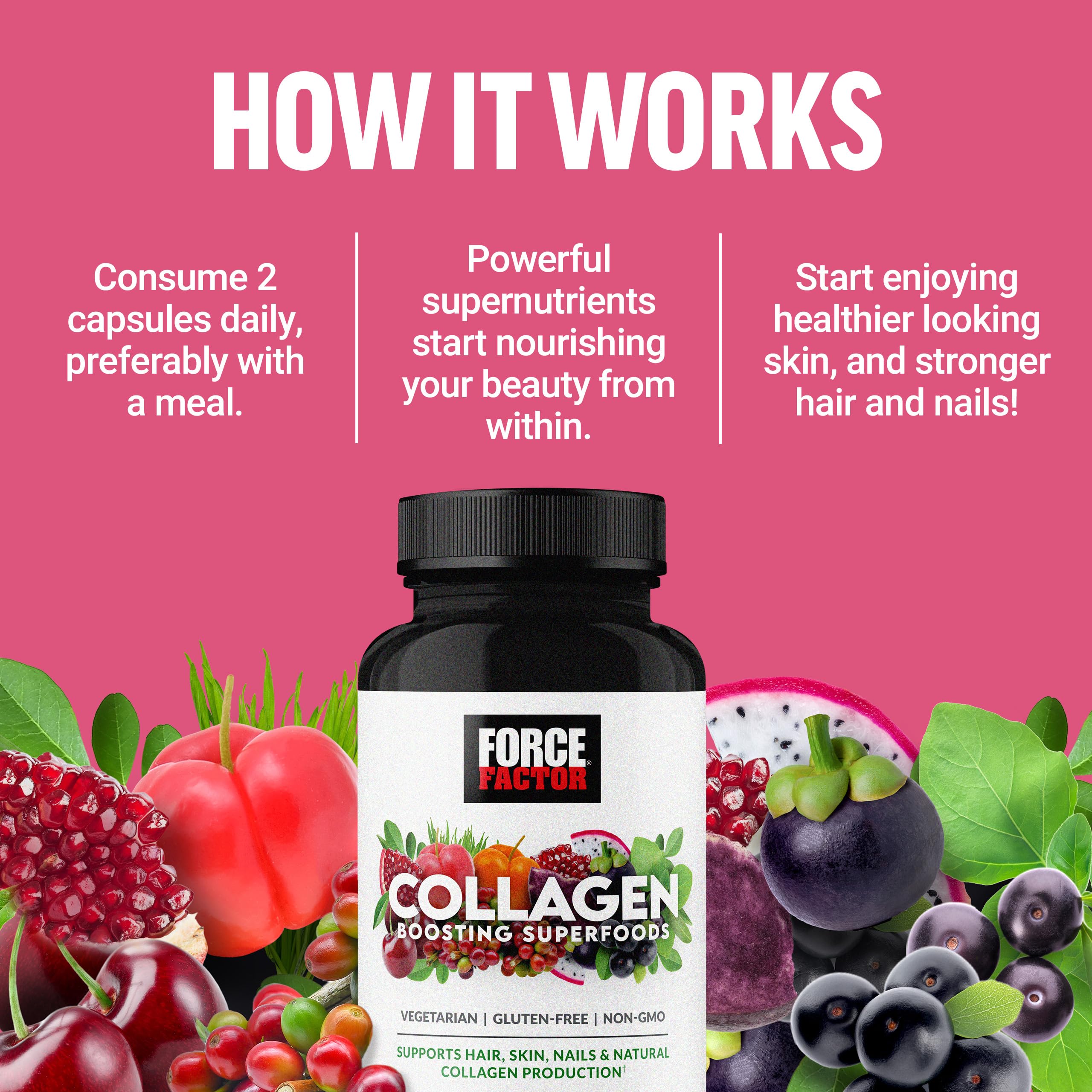 Force Factor Collagen Boosting Superfoods, Vegan Collagen Booster with Hyaluronic Acid, Biotin, Bamboo, Amino Acids & Vitamins for Hair, Skin, and Nails, Strengthener and Skin Supplement, 60 Capsules Force FactorAu supplements