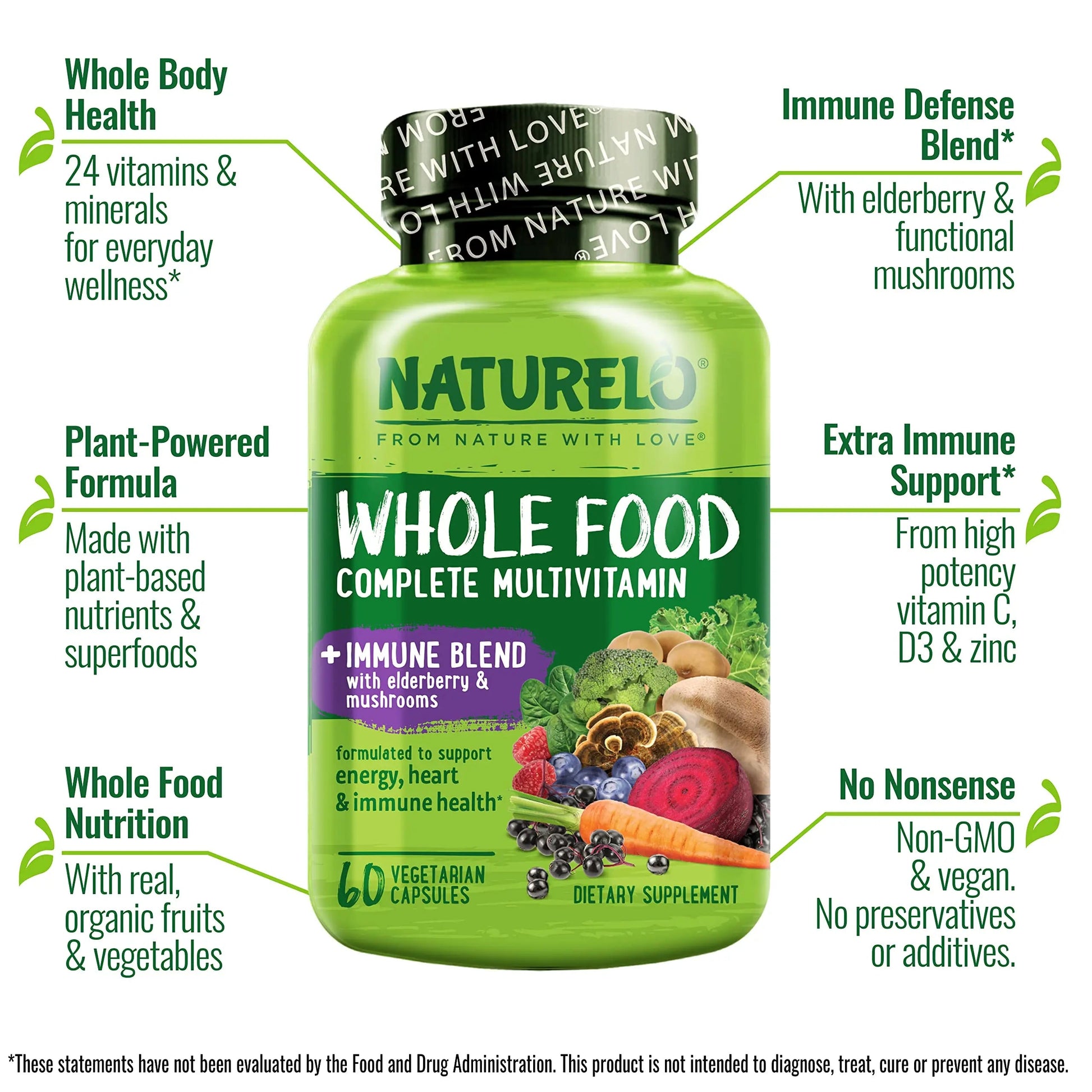 NATURELO Whole Food Multivitamin + Immune Blend with Elderberry & Mushrooms - Complete Multivitamin with Extra Immune Support NATURELOAu supplements