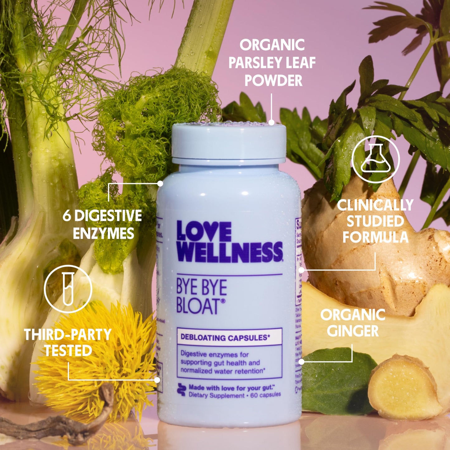 Love Wellness Bye Bye Bloat | Digestive Enzymes for Fast Acting Bloating Relief for Women | Helps Reduce Water Retention & Gas Relief | Supports Digestive Health Love WellnessUS supplements