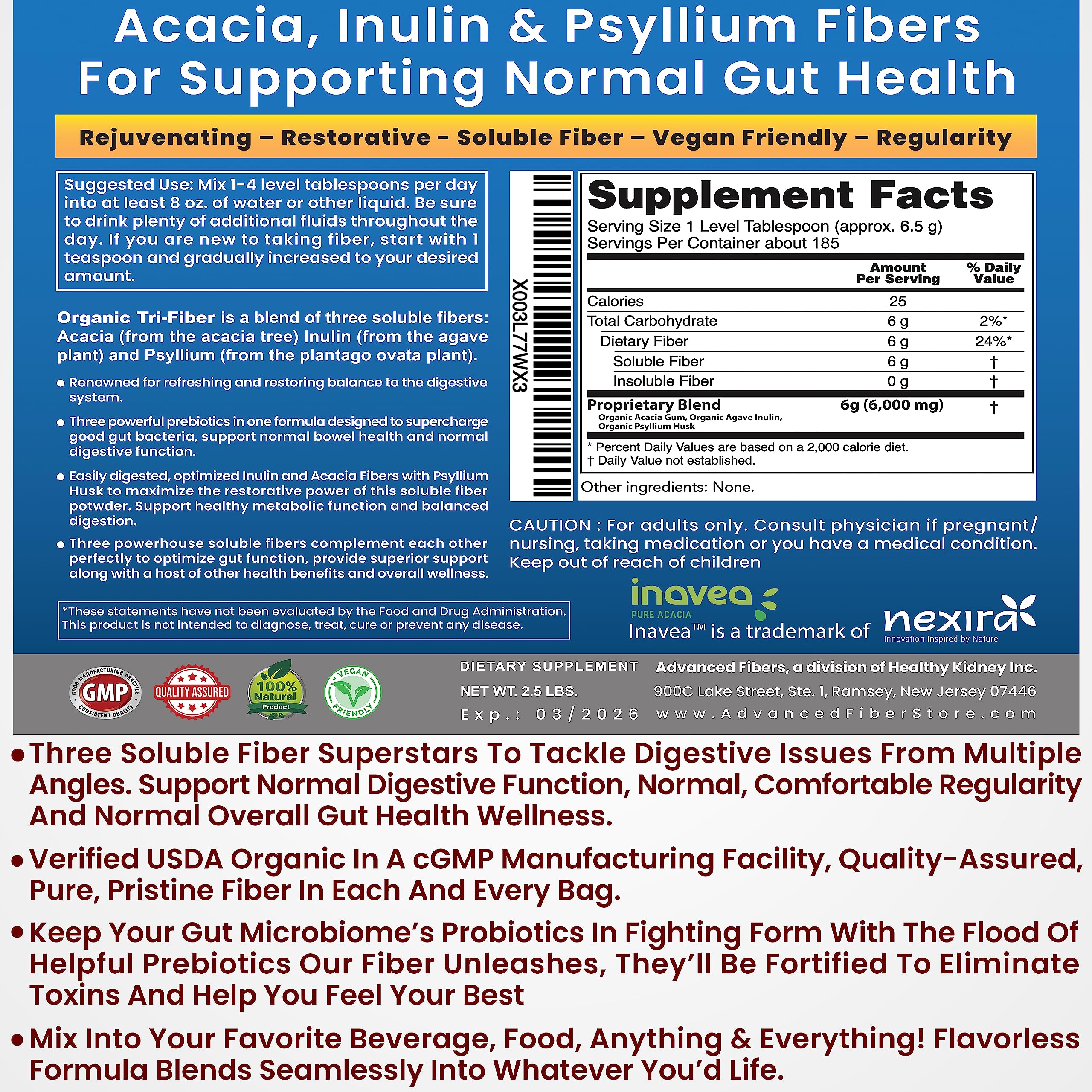 Kidney Restore Tri-Fiber Organic Soluble Fiber Powder, Unflavored High Fiber 3-in-1 Kidney RestoreUS supplements