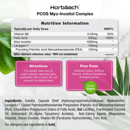 Inositol Supplement for PCOS | 120 Vegan Capsules | Myo-Inositol Complex with Folic Acid HorbäachUS supplements