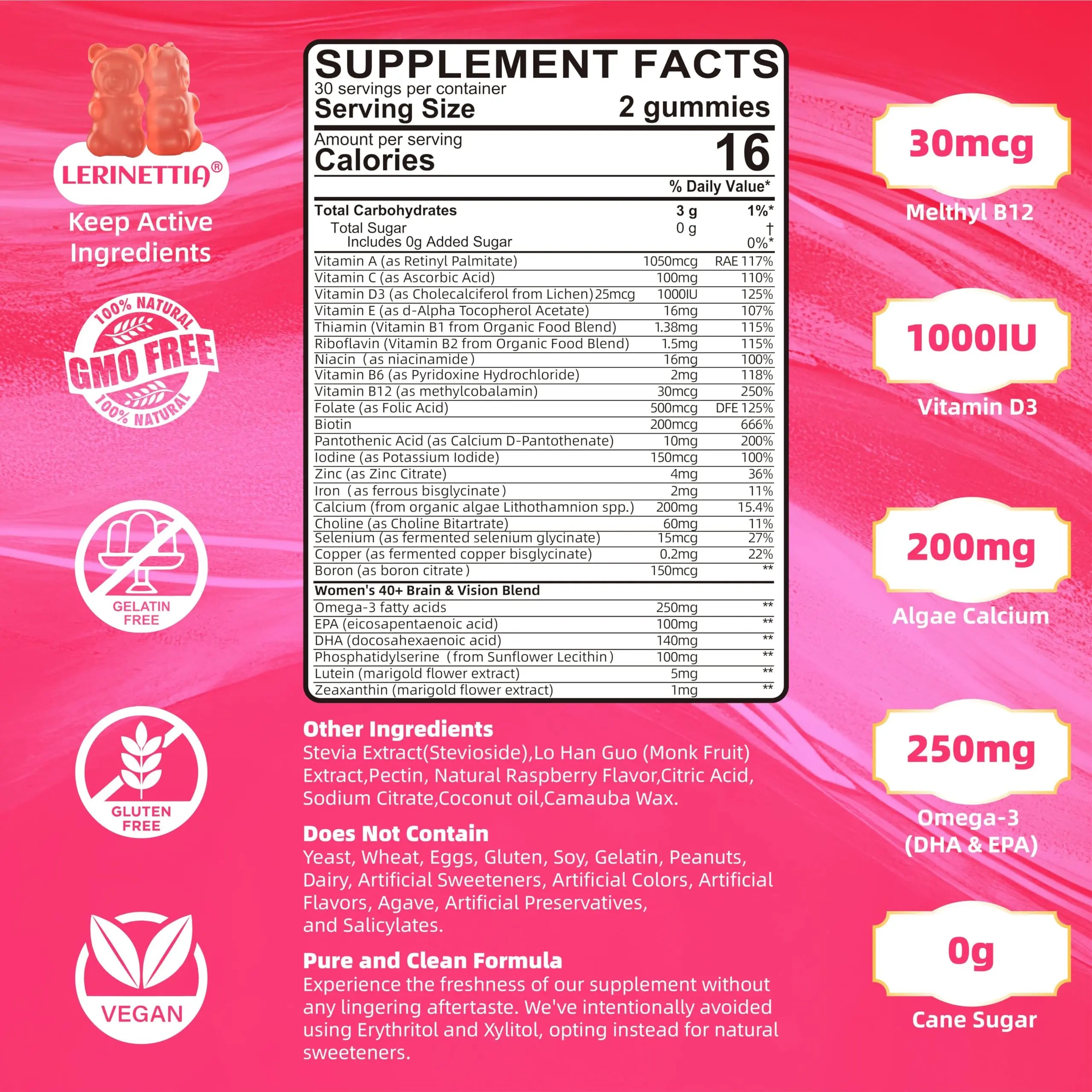 Multivitamin for Women Gummies for 40+ with Omega-3, Niacinamide, B-Complex, Lutein, Iron, Choline, Phosphatidylserine, Vitamin D3 LerinettiaAu supplements