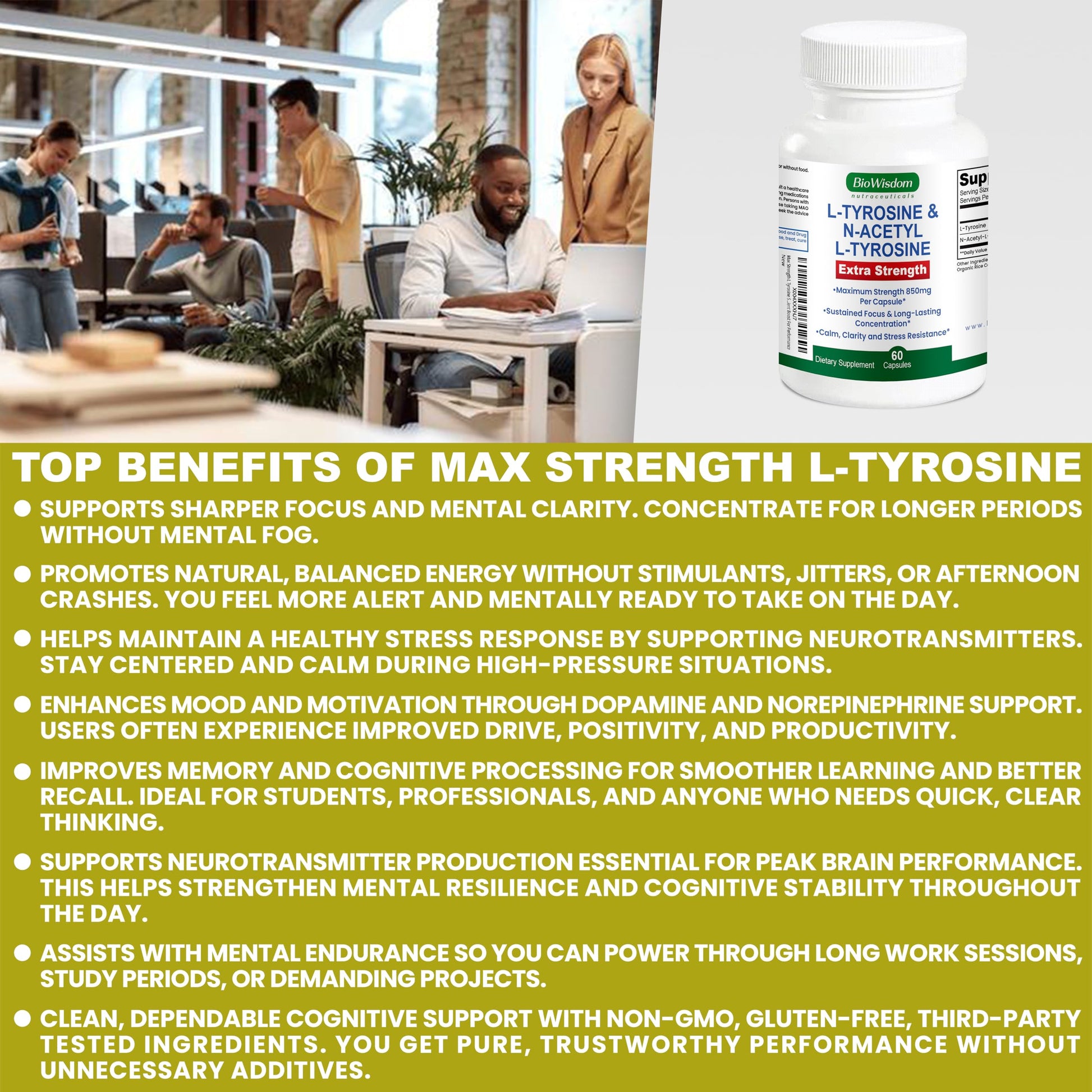 Max Strength L Tyrosine Supplement & N Acetyl L Tyrosine Peak Focus, Alertness, Concentration, Body & Mind Energy. L-Tyrosine 850mg Per 1 Capsule. A Well-Being Nutrient Boost For Performance BioWisdom NutraceuticalsAu supplements