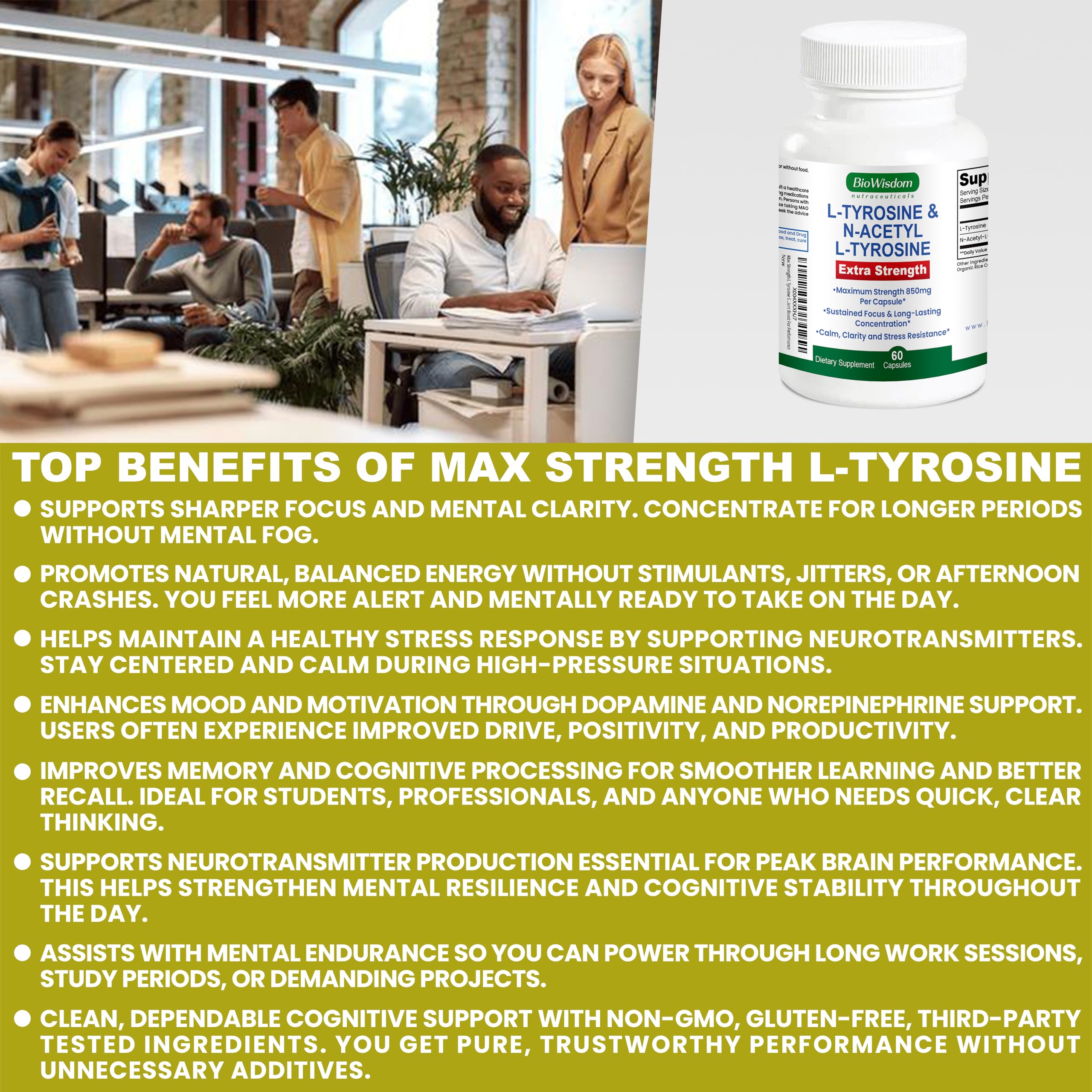 Max Strength L Tyrosine Supplement & N Acetyl L Tyrosine Peak Focus, Alertness, Concentration, Body & Mind Energy. L-Tyrosine 850mg Per 1 Capsule. A Well-Being Nutrient Boost For Performance BioWisdom NutraceuticalsAu supplements